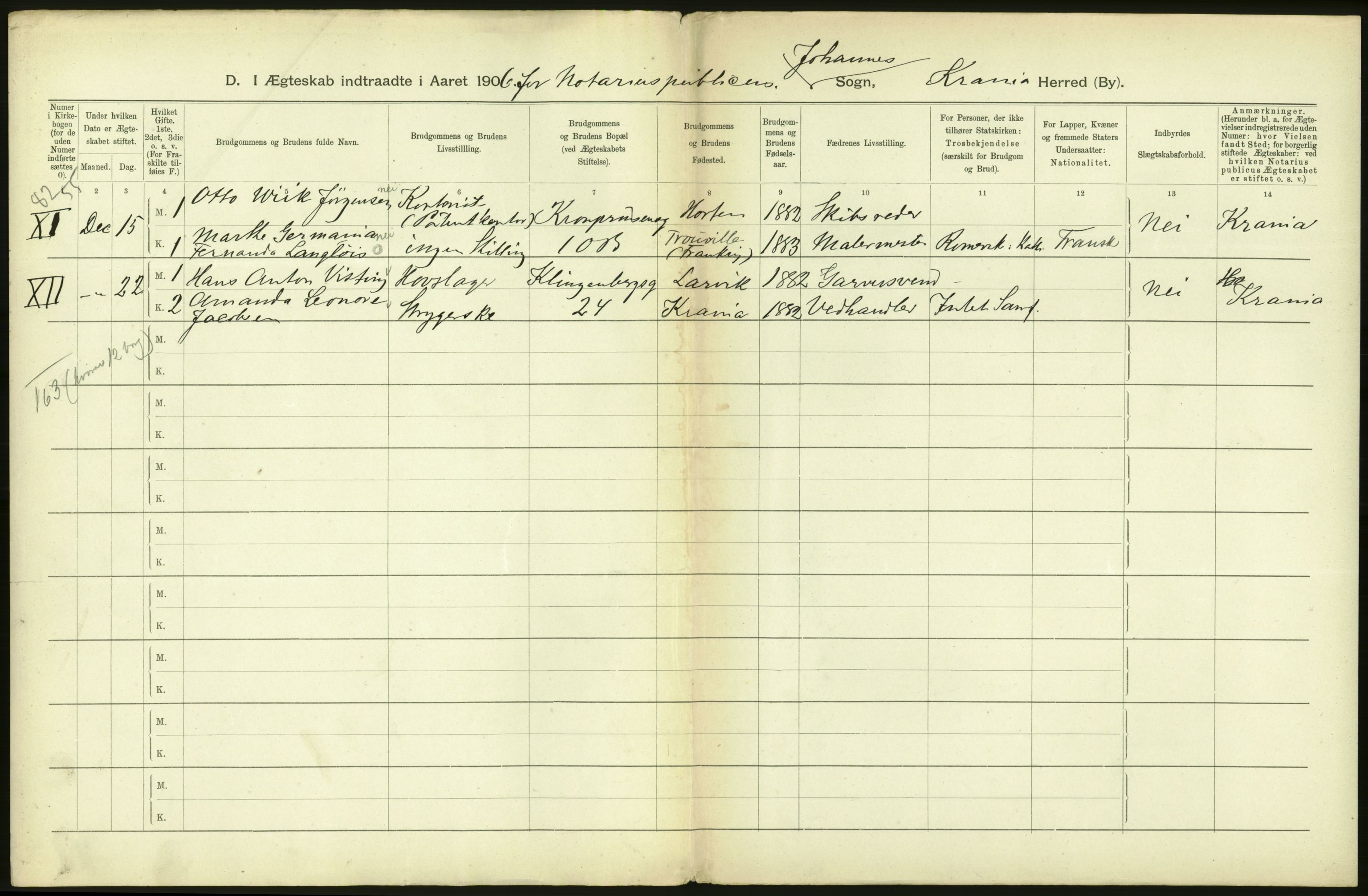 Statistisk sentralbyrå, Sosiodemografiske emner, Befolkning, AV/RA-S-2228/D/Df/Dfa/Dfad/L0008: Kristiania: Gifte, 1906, s. 352