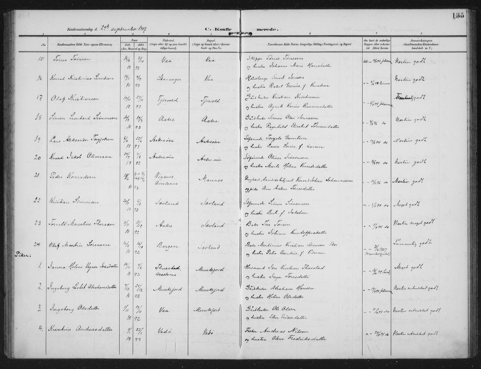 Kopervik sokneprestkontor, AV/SAST-A-101850/H/Ha/Haa/L0005: Ministerialbok nr. A 5, 1906-1924, s. 135