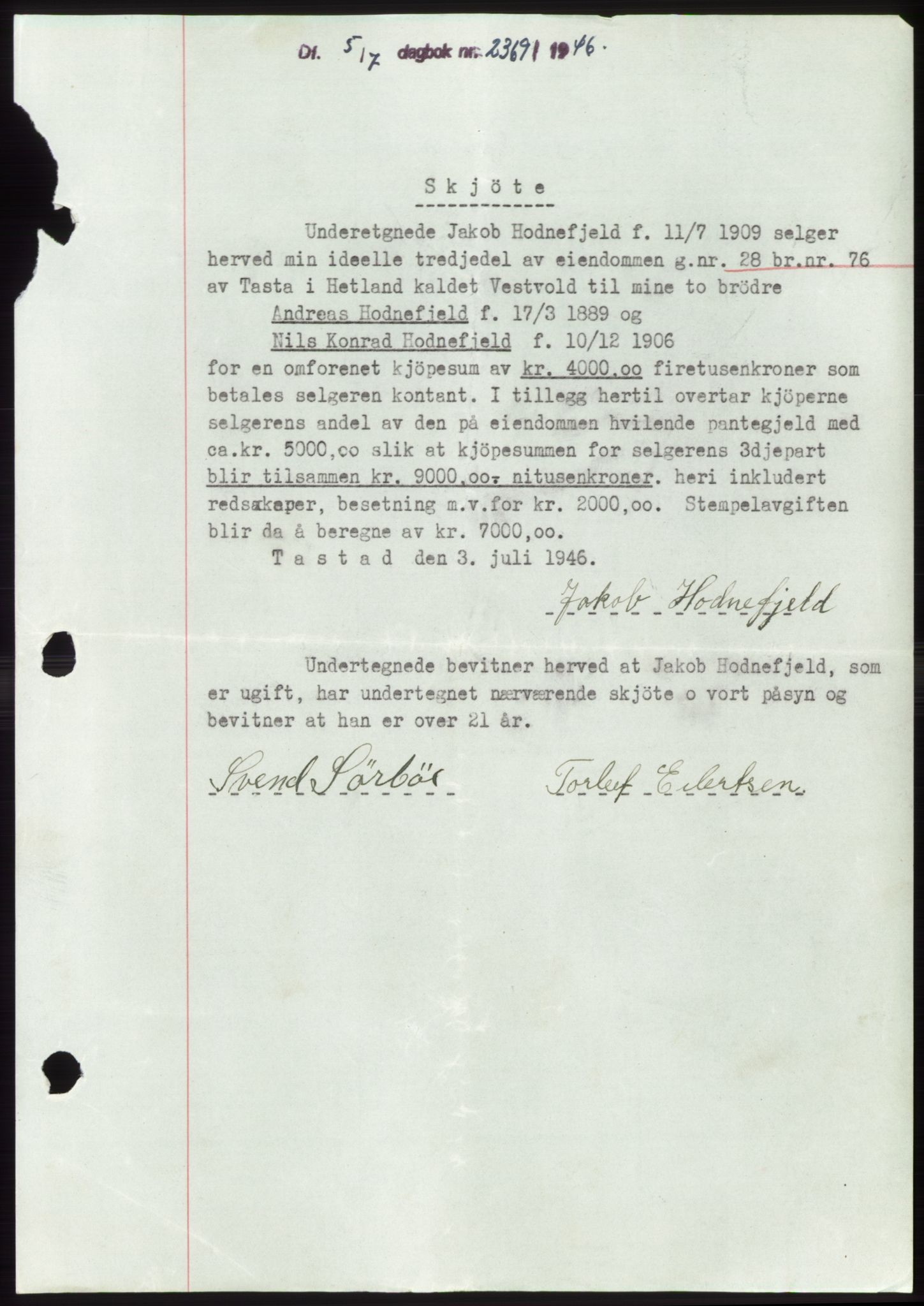Jæren sorenskriveri, SAST/A-100310/03/G/Gba/L0090: Pantebok, 1946-1946, Dagboknr: 2369/1946