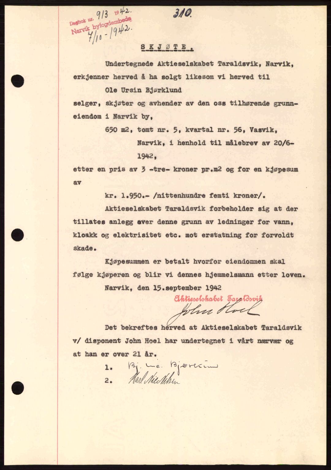 Narvik sorenskriveri, SAT/A-0002/1/2/2C/2Ca: Pantebok nr. A19, 1942-1943, Dagboknr: 913/1942