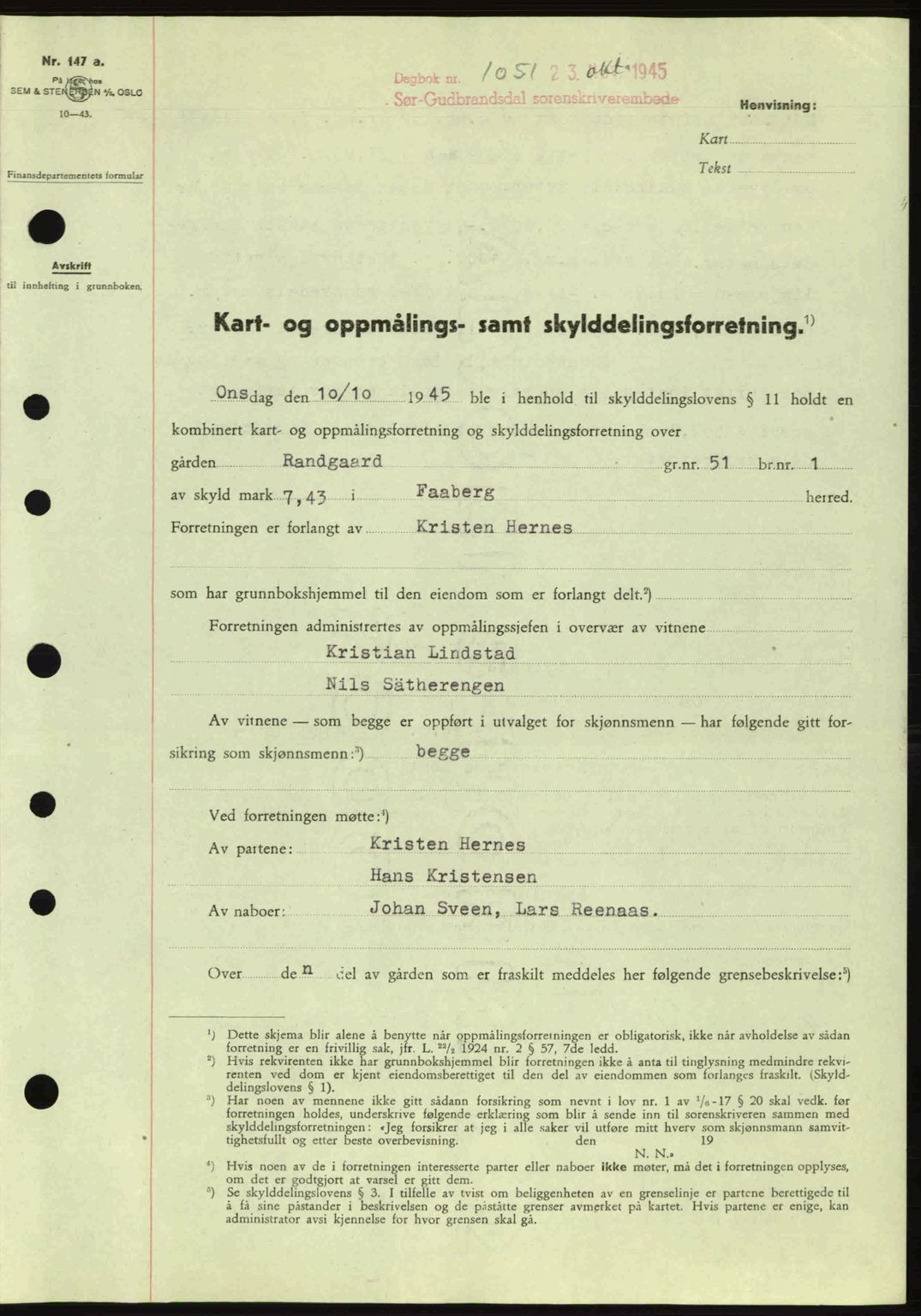 Sør-Gudbrandsdal tingrett, SAH/TING-004/H/Hb/Hbd/L0014: Pantebok nr. A14, 1944-1945, Dagboknr: 1051/1945