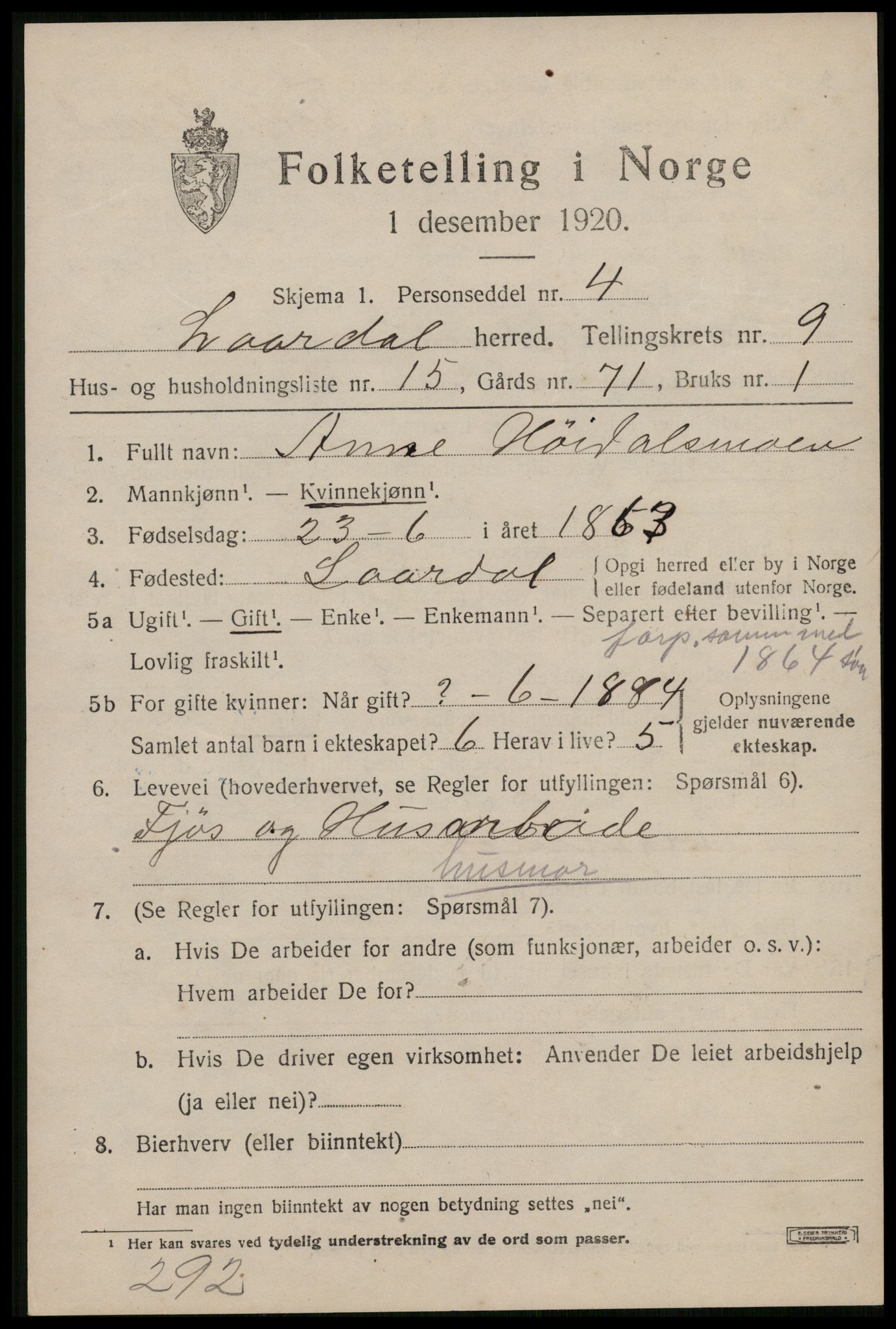 SAKO, Folketelling 1920 for 0833 Lårdal herred, 1920, s. 3301