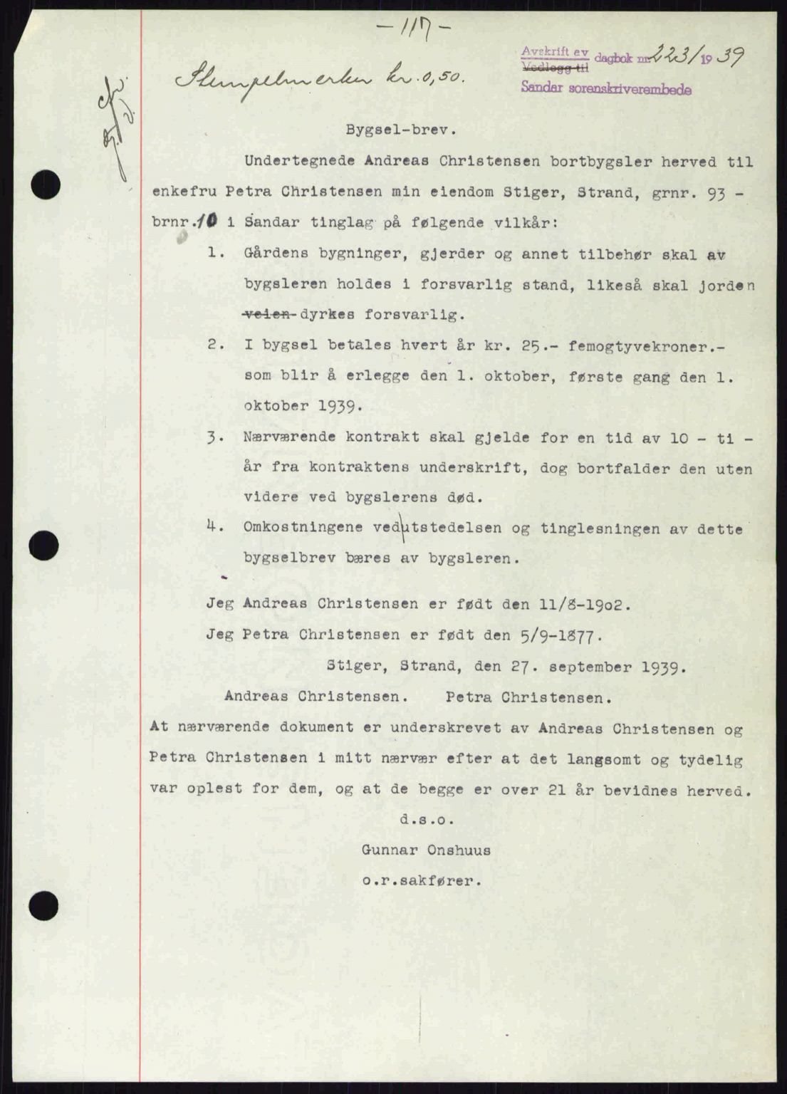 Sandar sorenskriveri, SAKO/A-86/G/Ga/Gab/L0001: Pantebok nr. B-1 og B-3 - B-9, 1936-1944, Dagboknr: 2231/1939