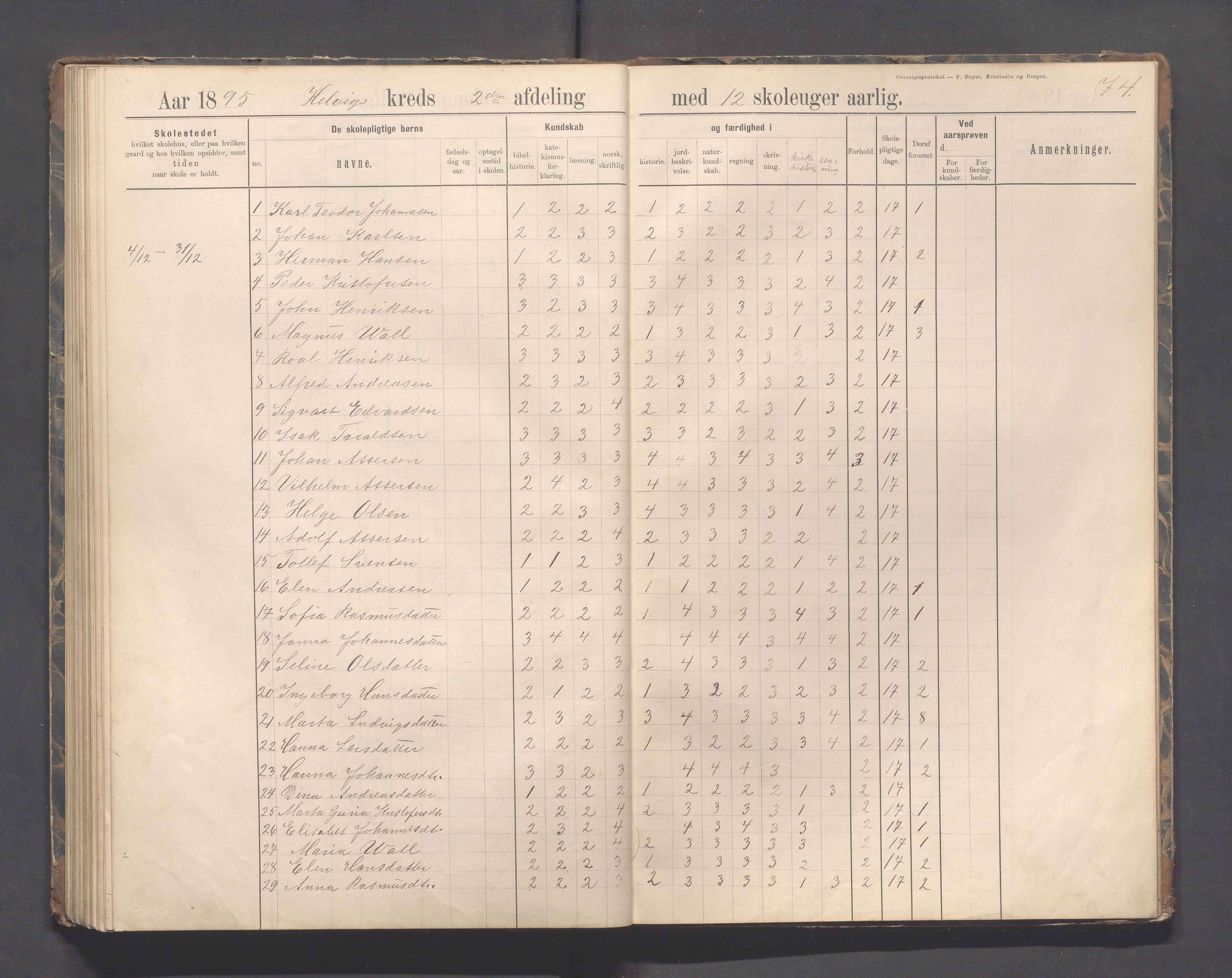 Eigersund kommune (Herredet) - Skolekommisjonen/skolestyret, IKAR/K-100453/Jb/L0007: Skoleprotokoll - Hegrestad og Helvik skoler, 1891-1899, s. 74