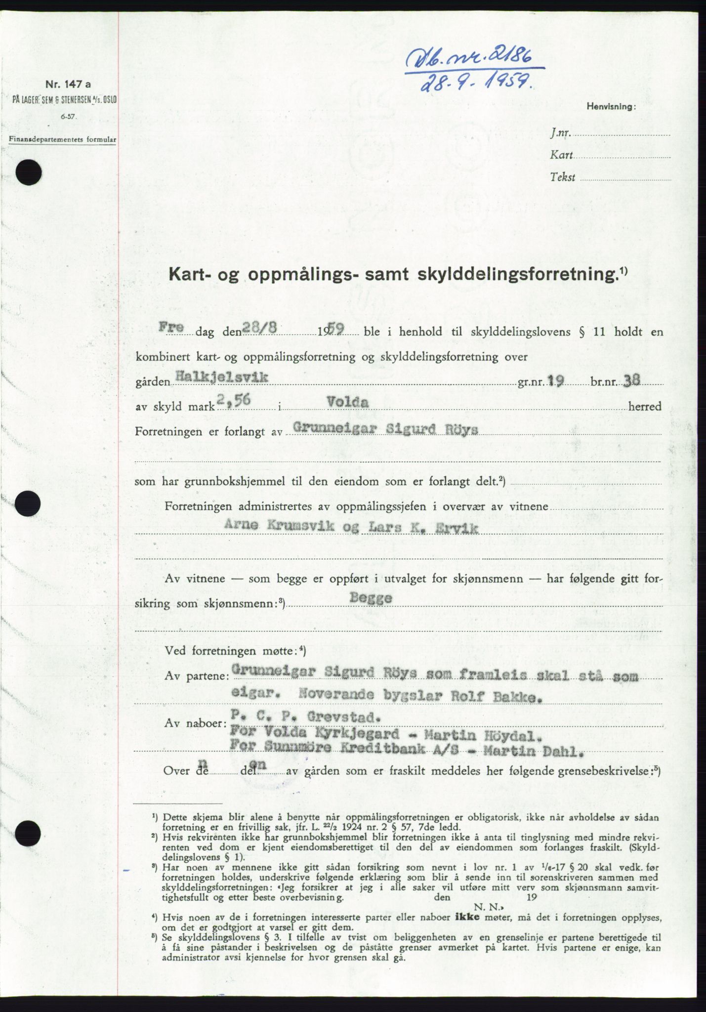 Søre Sunnmøre sorenskriveri, AV/SAT-A-4122/1/2/2C/L0113: Pantebok nr. 39A, 1959-1959, Dagboknr: 2186/1959