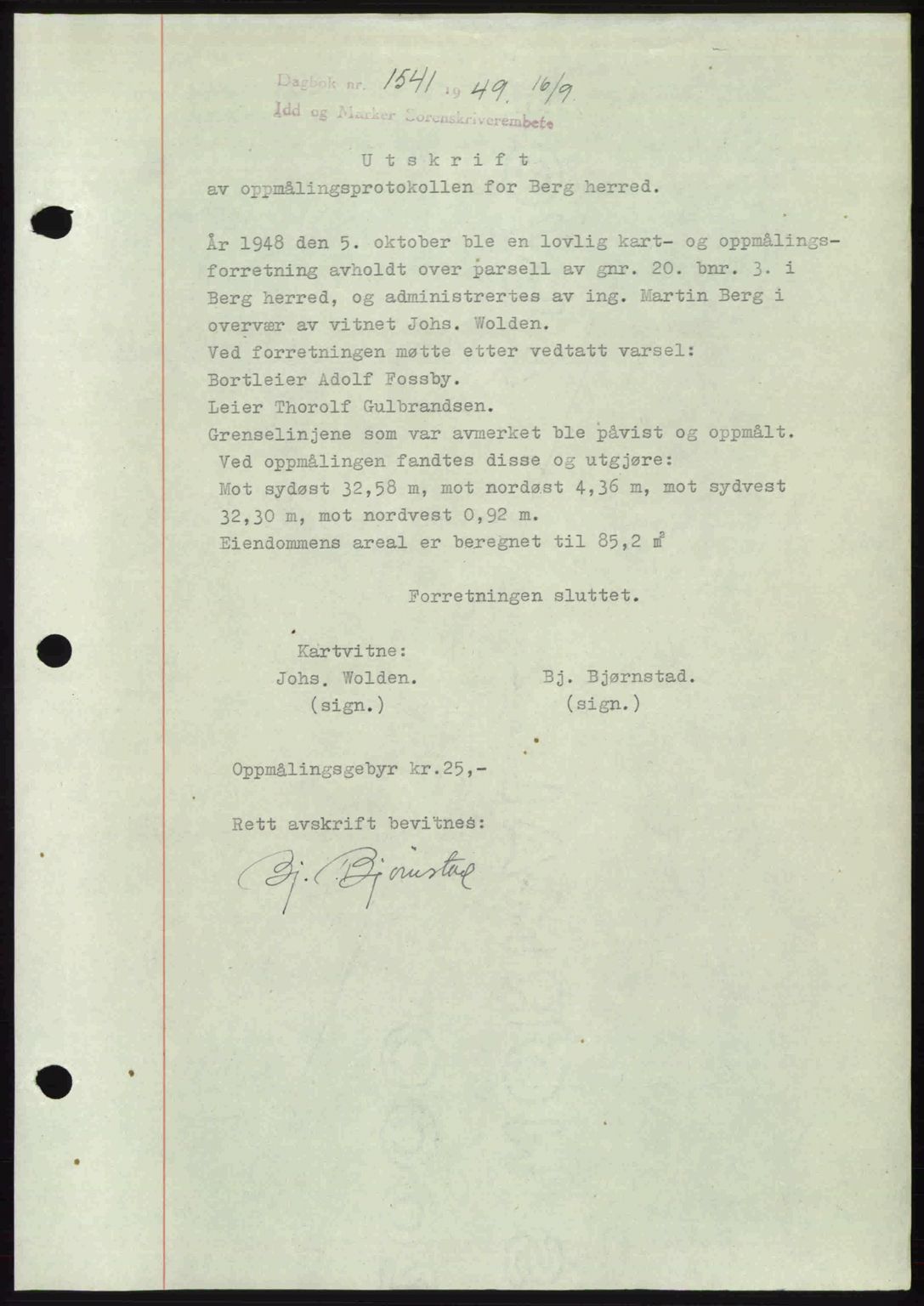 Idd og Marker sorenskriveri, SAO/A-10283/G/Gb/Gbb/L0012: Pantebok nr. A12, 1949-1949, Dagboknr: 1541/1949