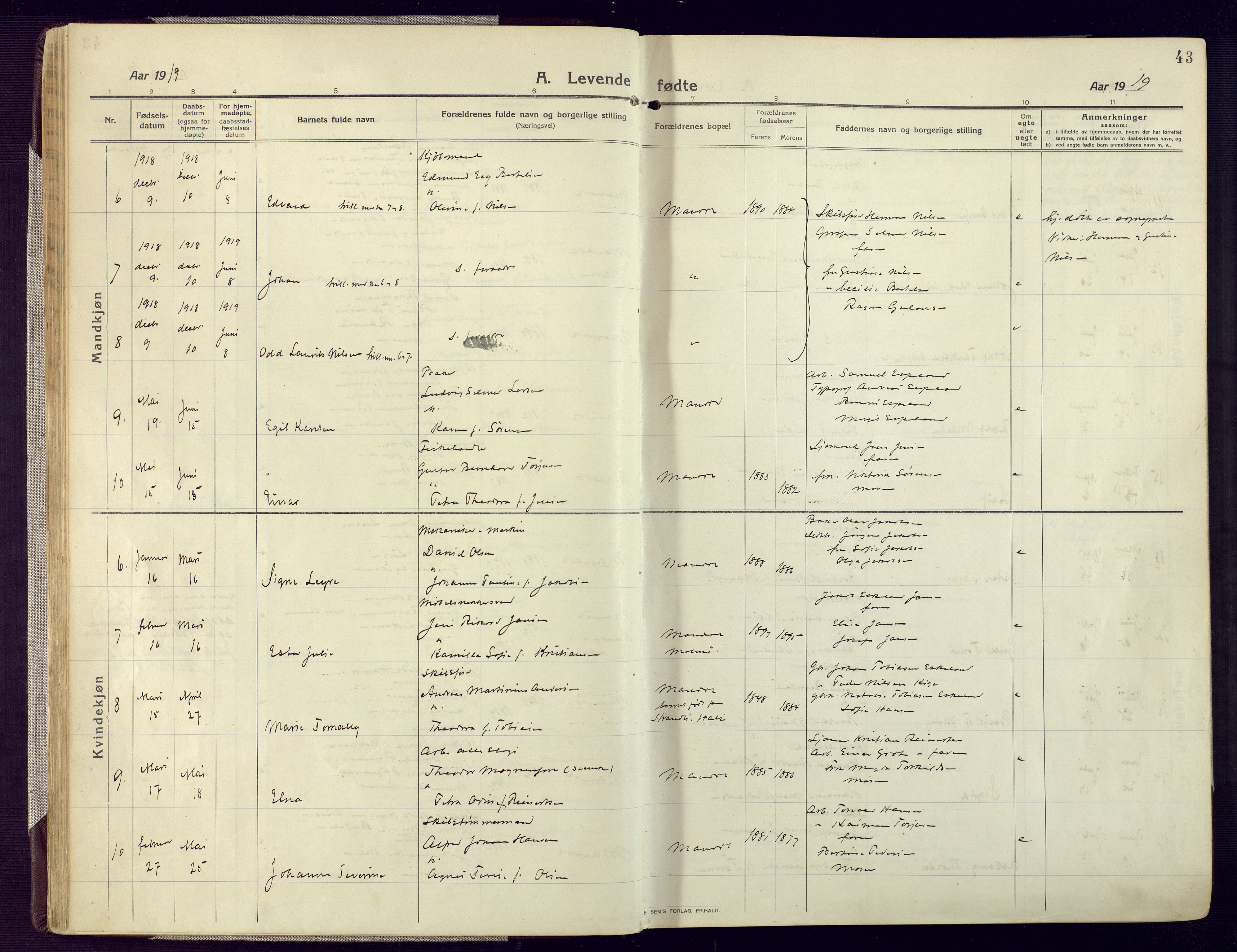 Mandal sokneprestkontor, AV/SAK-1111-0030/F/Fa/Fac/L0001: Ministerialbok nr. A 1, 1913-1925, s. 43