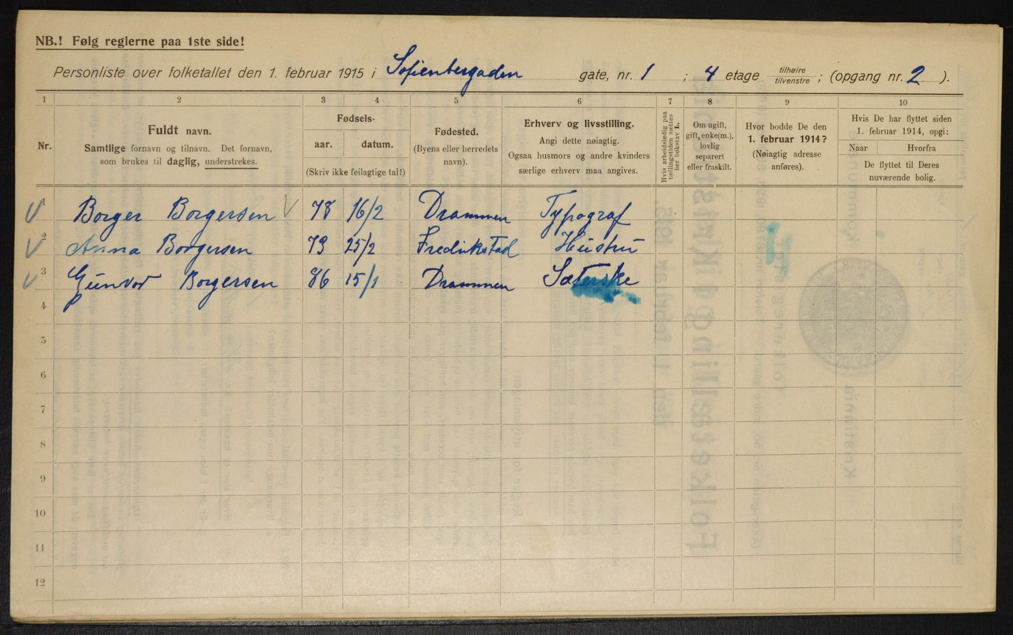 OBA, Kommunal folketelling 1.2.1915 for Kristiania, 1915, s. 98003