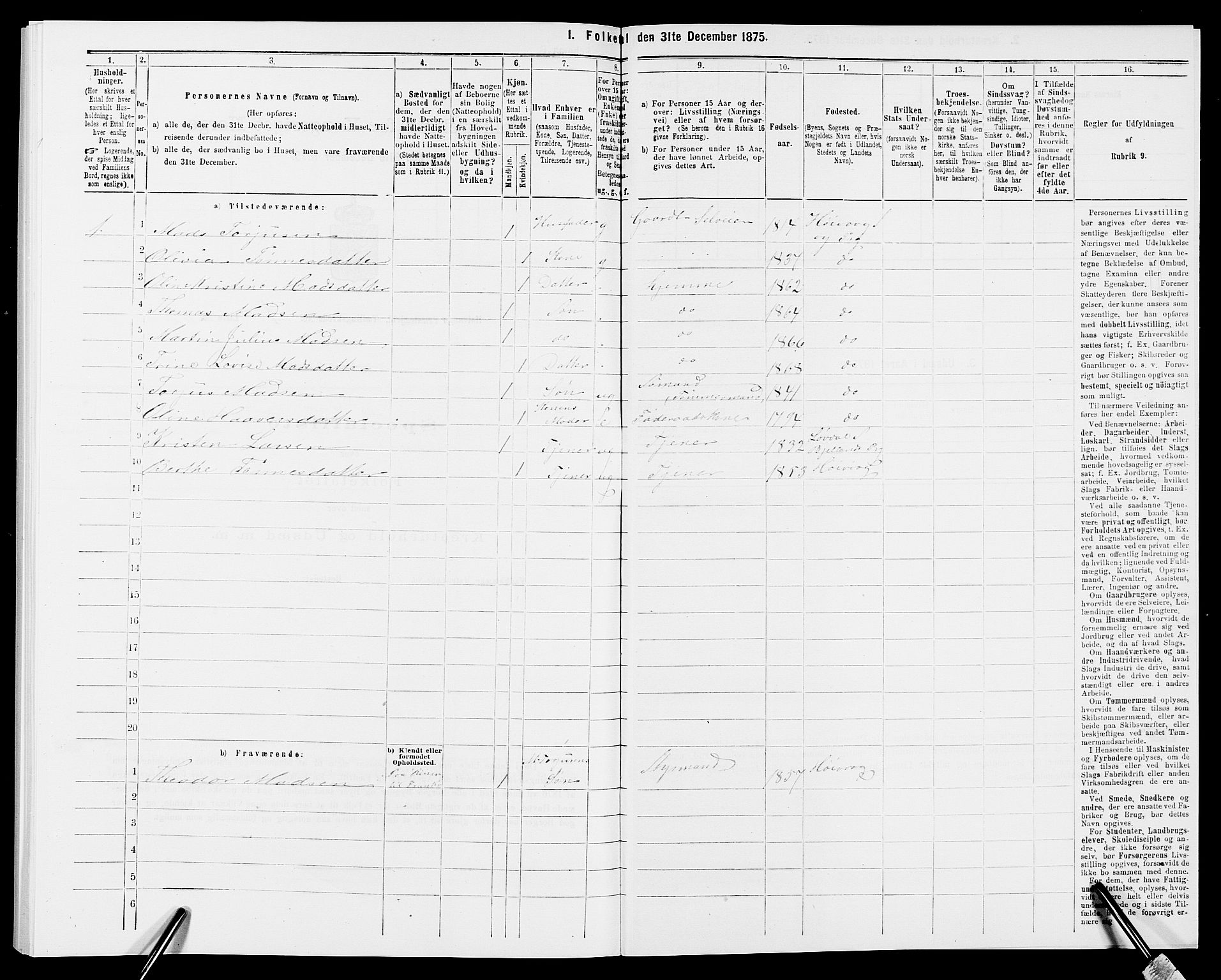 SAK, Folketelling 1875 for 0927P Høvåg prestegjeld, 1875, s. 166