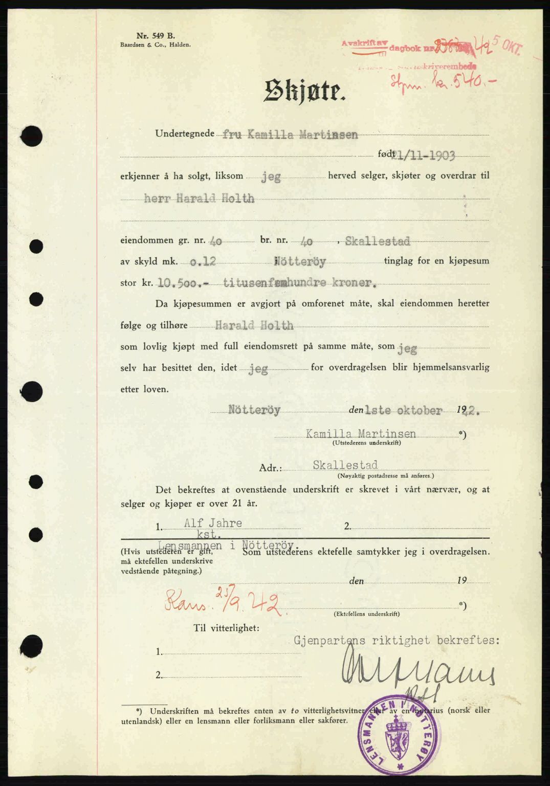 Tønsberg sorenskriveri, AV/SAKO-A-130/G/Ga/Gaa/L0012: Pantebok nr. A12, 1942-1943, Dagboknr: 2787/1942