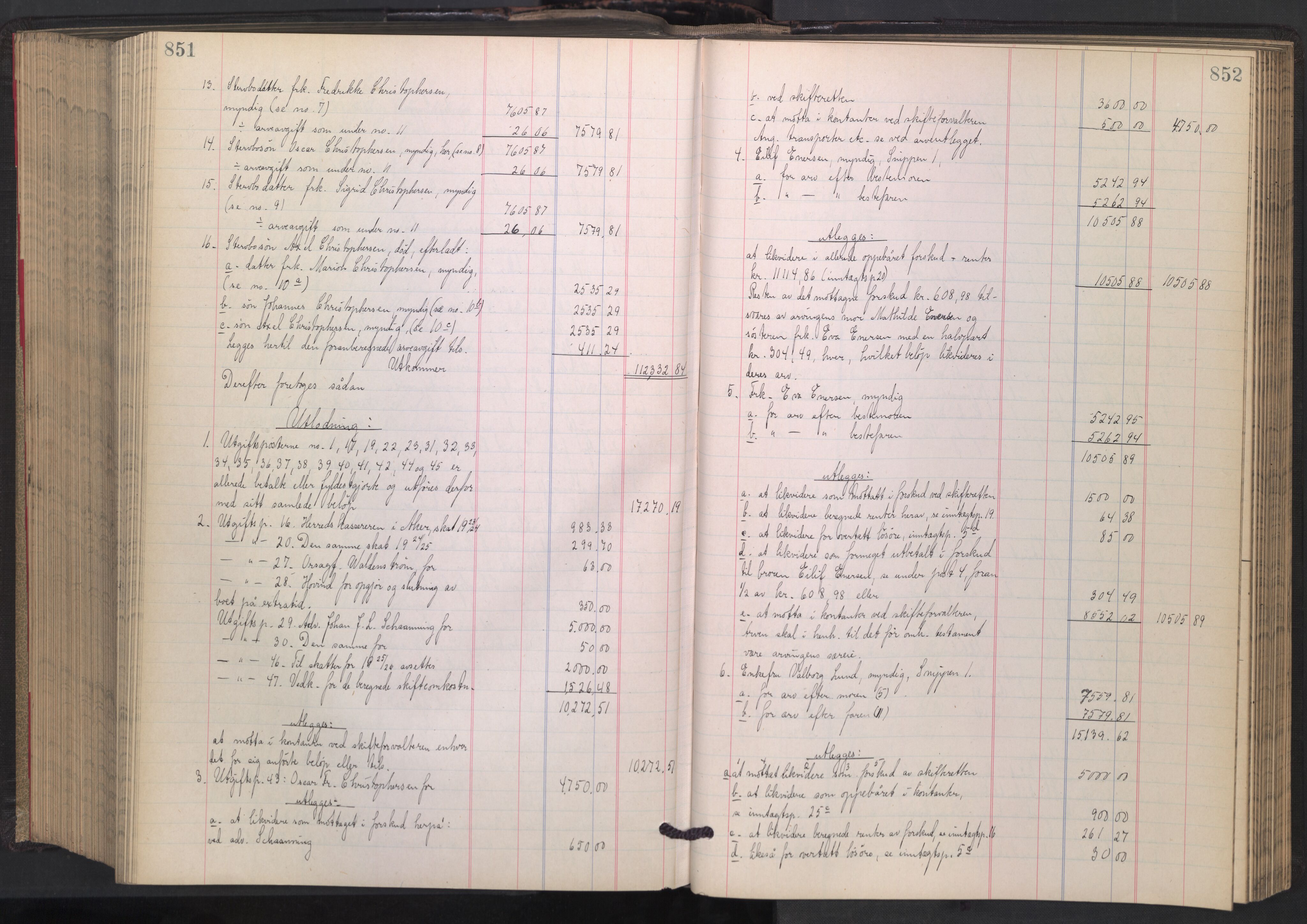 Oslo skifterett, AV/SAO-A-10383/H/Hd/Hdb/L0016: Skifteutlodningsprotokoll, 1923-1925, s. 851-852