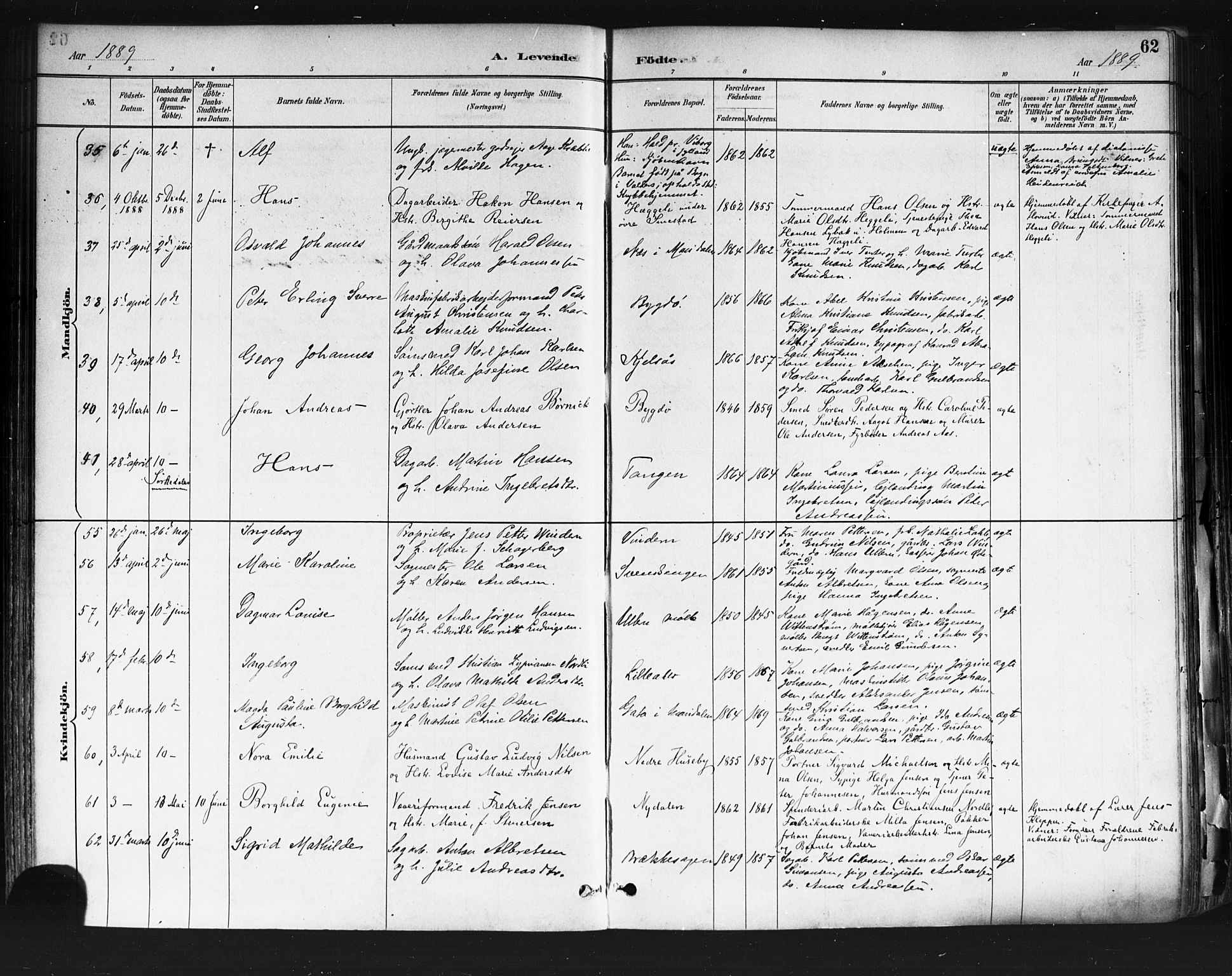 Vestre Aker prestekontor Kirkebøker, AV/SAO-A-10025/F/Fa/L0010: Ministerialbok nr. 10, 1886-1903, s. 62