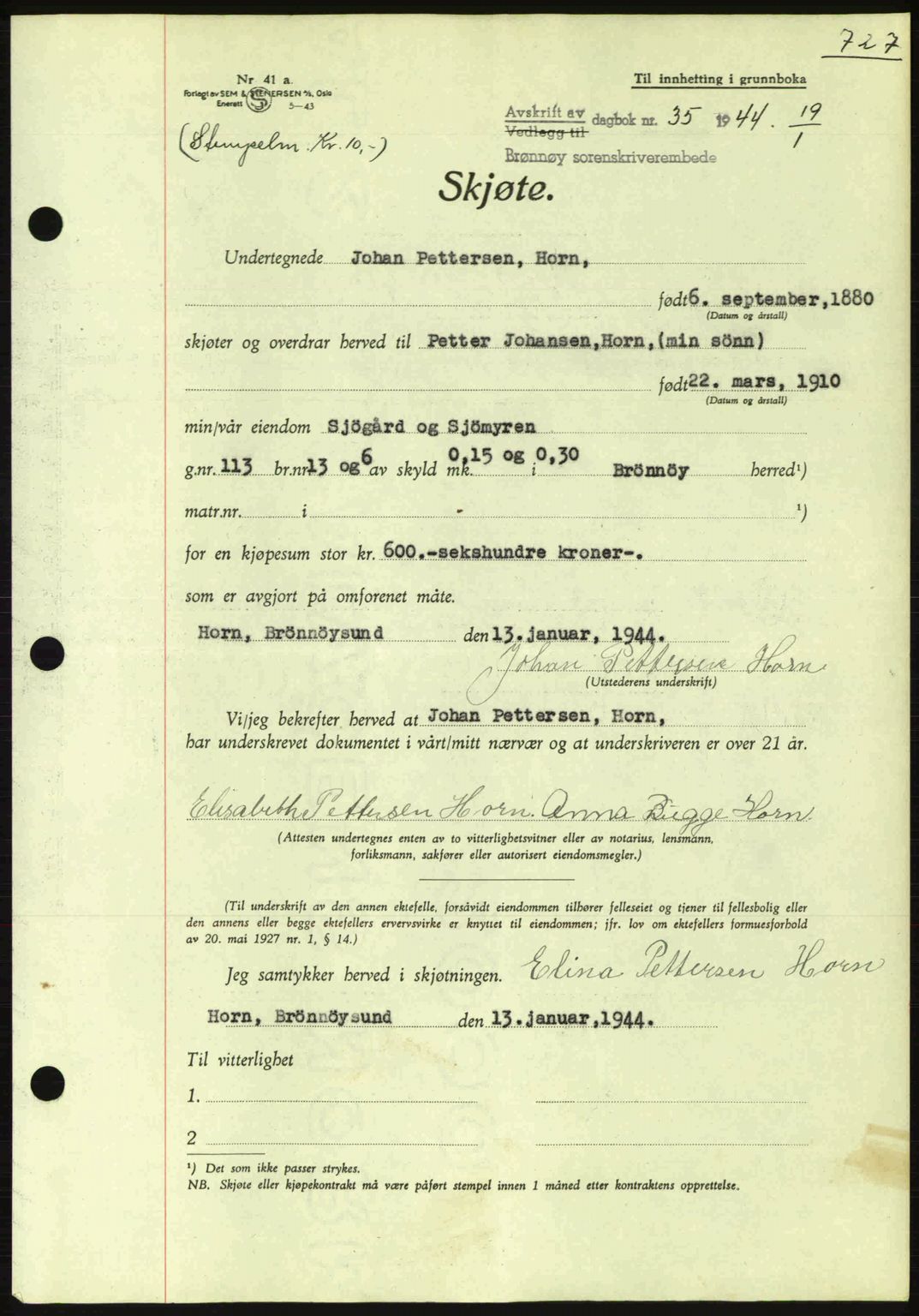 Brønnøy sorenskriveri, SAT/A-4170/1/2/2C: Pantebok nr. 23, 1943-1944, Dagboknr: 35/1944