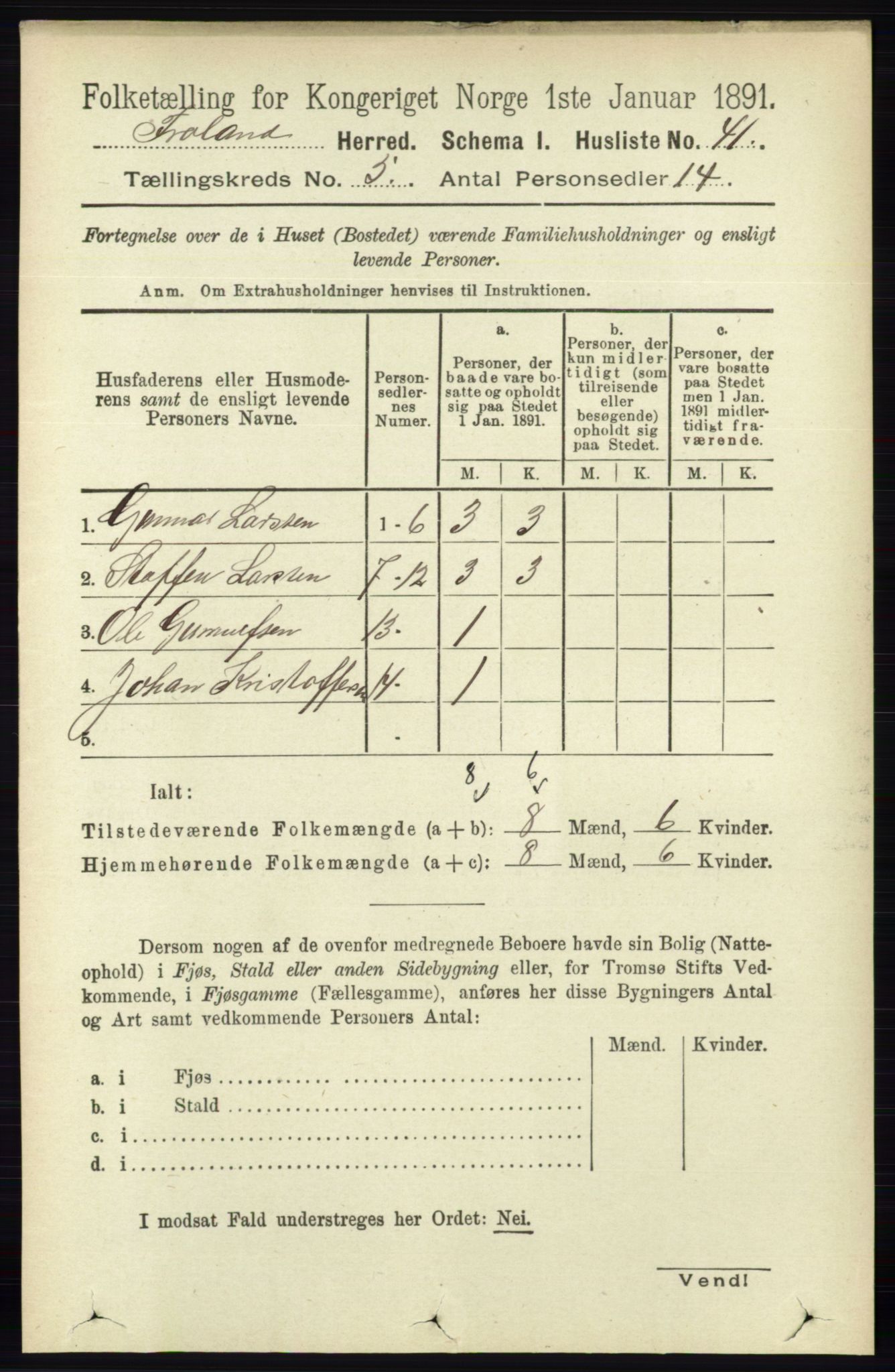 RA, Folketelling 1891 for 0919 Froland herred, 1891, s. 1763