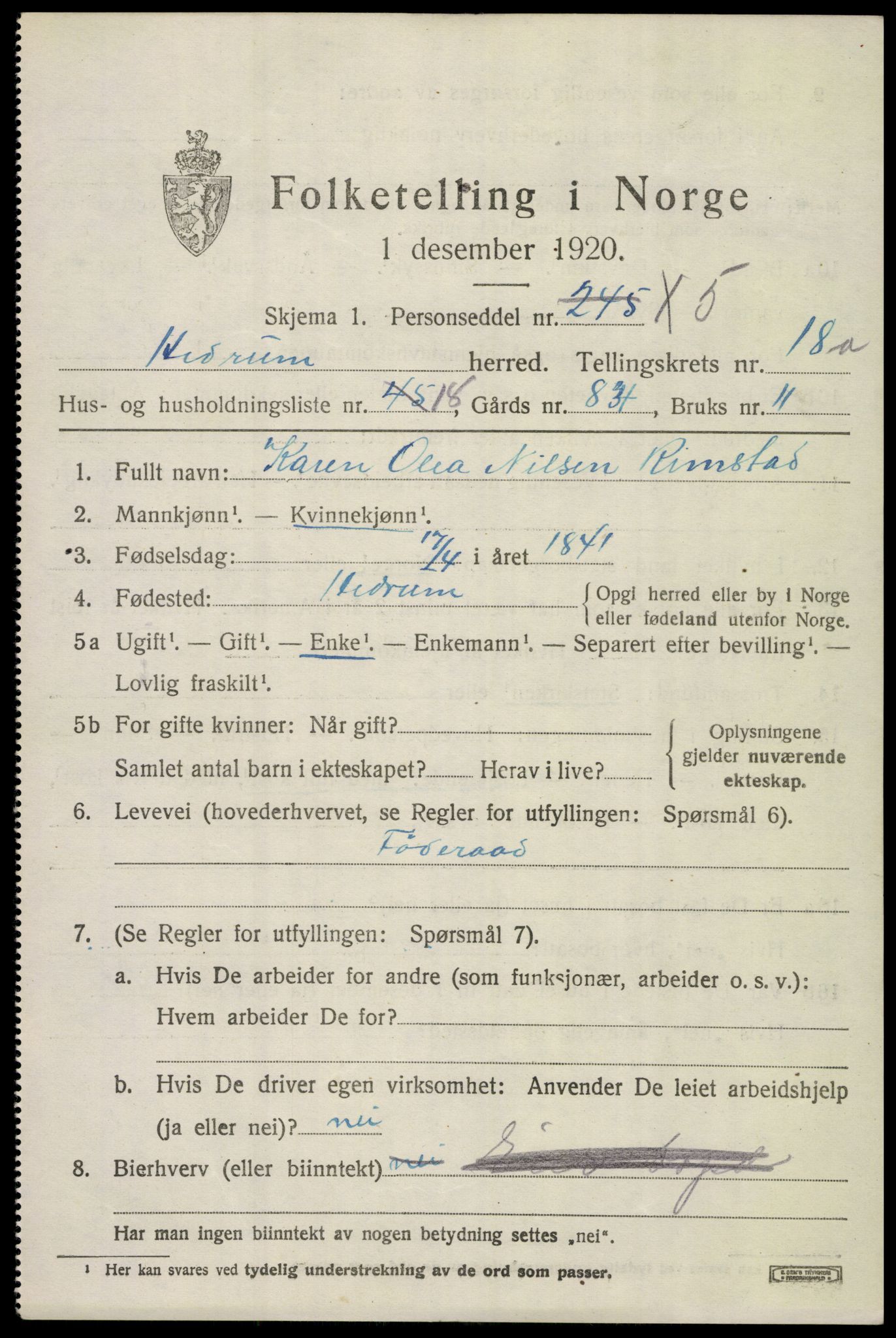 SAKO, Folketelling 1920 for 0727 Hedrum herred, 1920, s. 10999