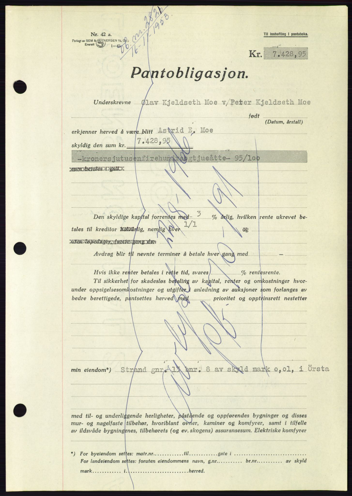 Søre Sunnmøre sorenskriveri, AV/SAT-A-4122/1/2/2C/L0124: Pantebok nr. 12B, 1953-1954, Dagboknr: 2822/1953