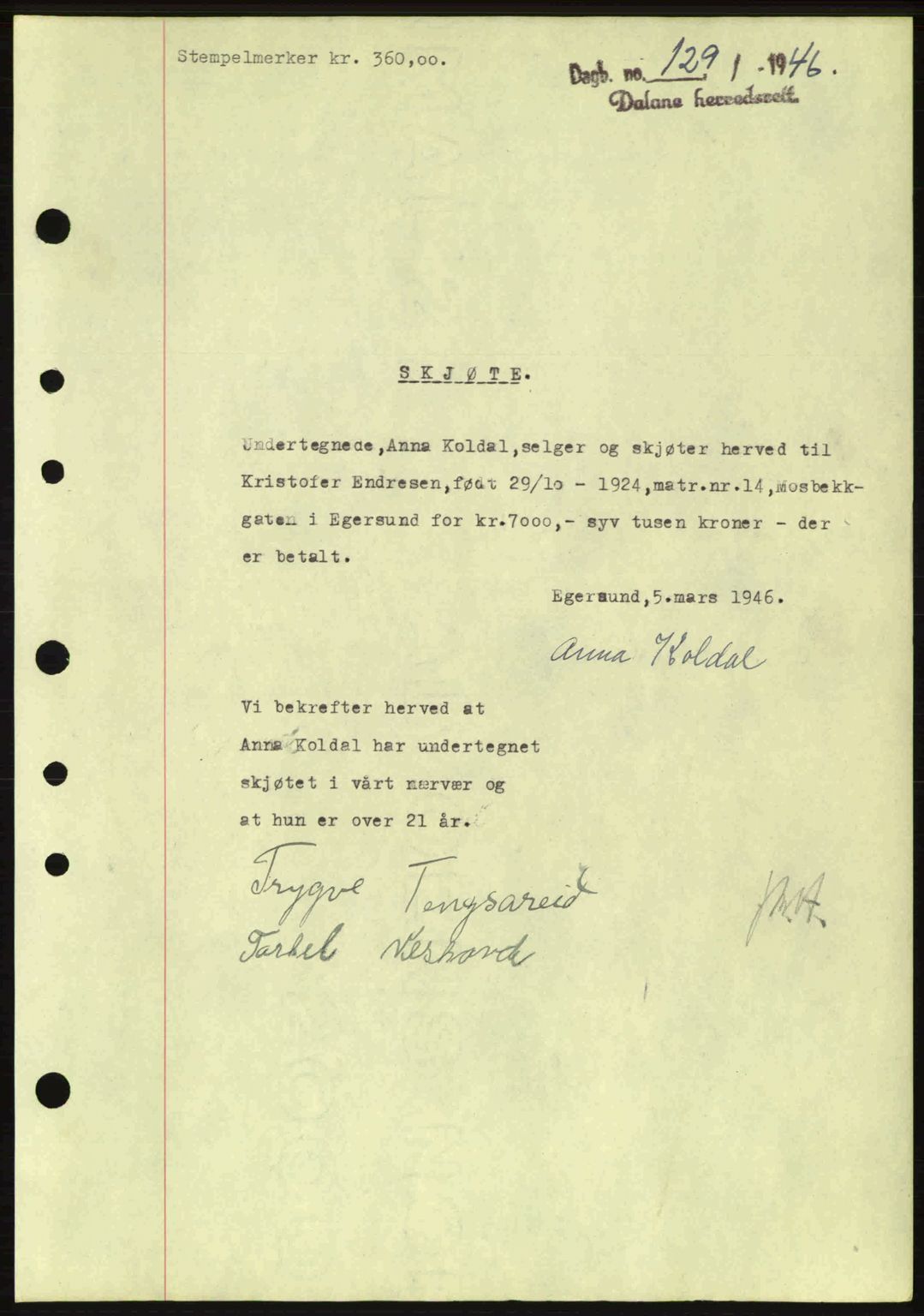 Dalane sorenskriveri, SAST/A-100309/02/G/Gb/L0049: Pantebok nr. A9, 1946-1947, Dagboknr: 129/1946