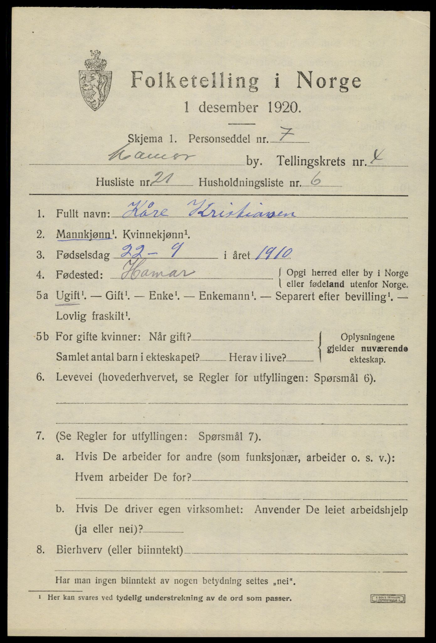 SAH, Folketelling 1920 for 0401 Hamar kjøpstad, 1920, s. 8687
