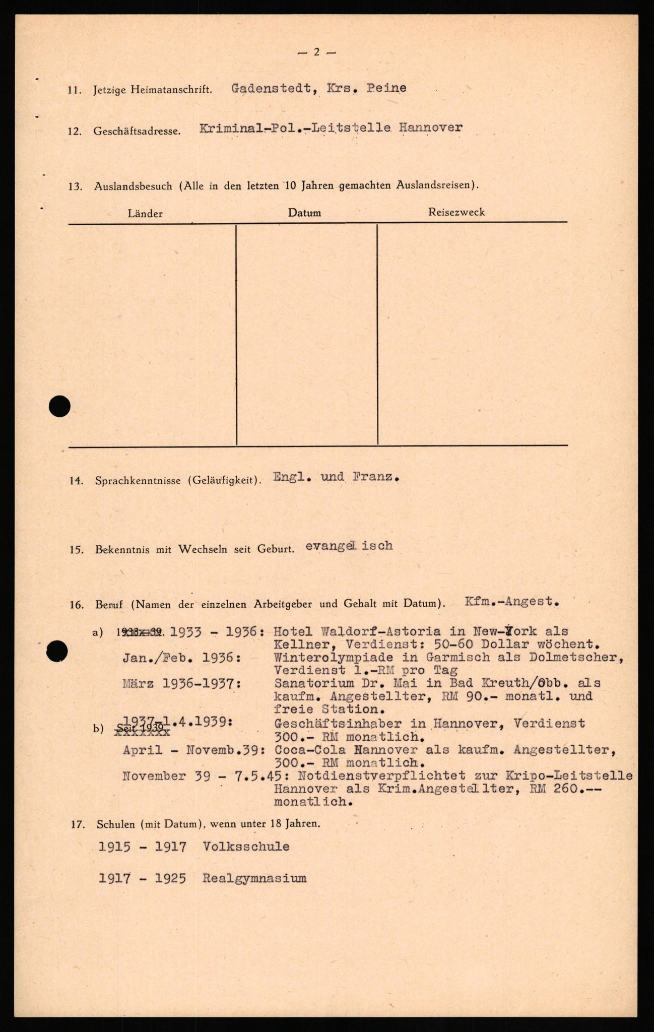 Forsvaret, Forsvarets overkommando II, RA/RAFA-3915/D/Db/L0029: CI Questionaires. Tyske okkupasjonsstyrker i Norge. Tyskere., 1945-1946, s. 304