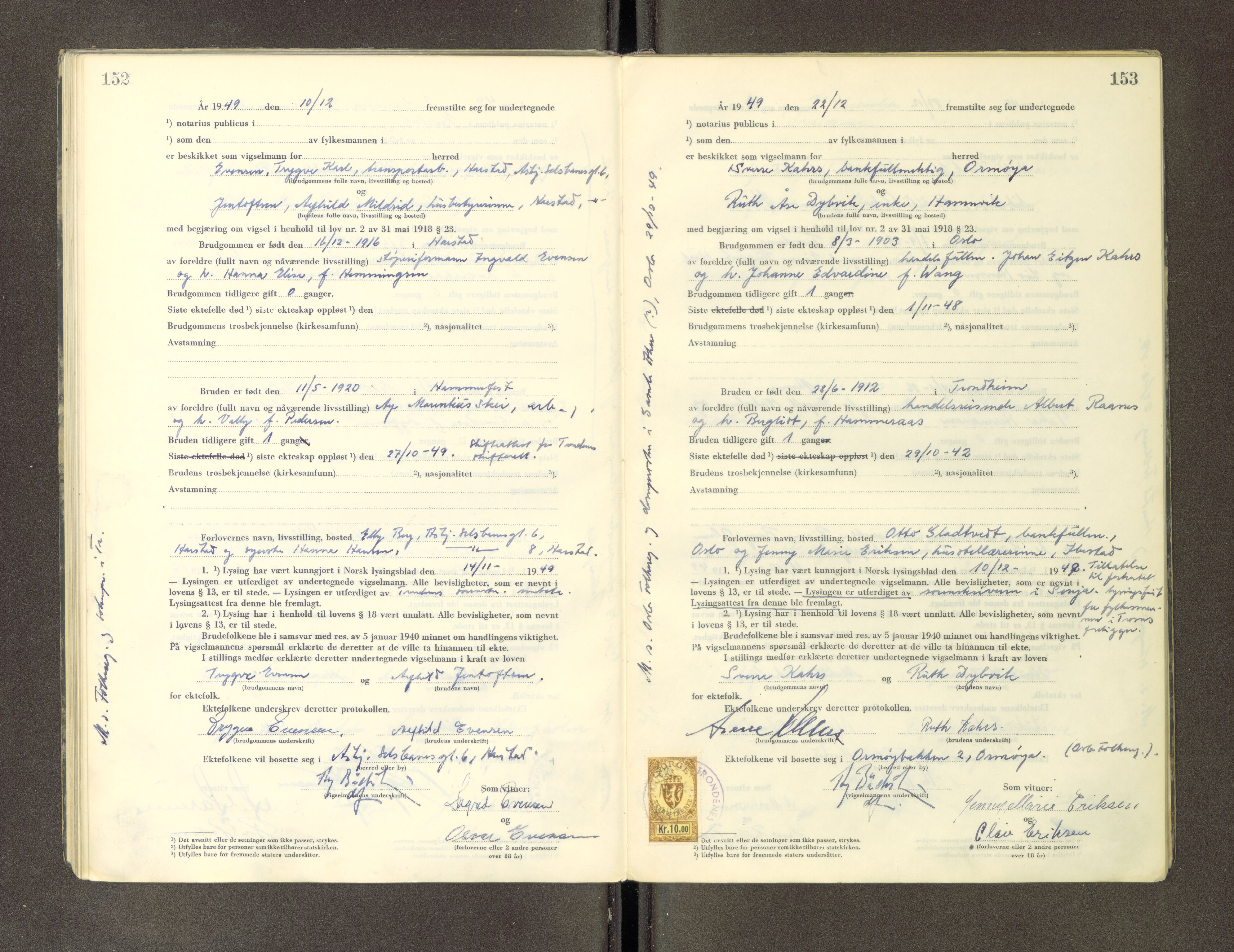 Trondenes sorenskriveri, AV/SATØ-S-0049/1/Lc/L0658: Vigselsprotokoller, 1944-1951, s. 152-153