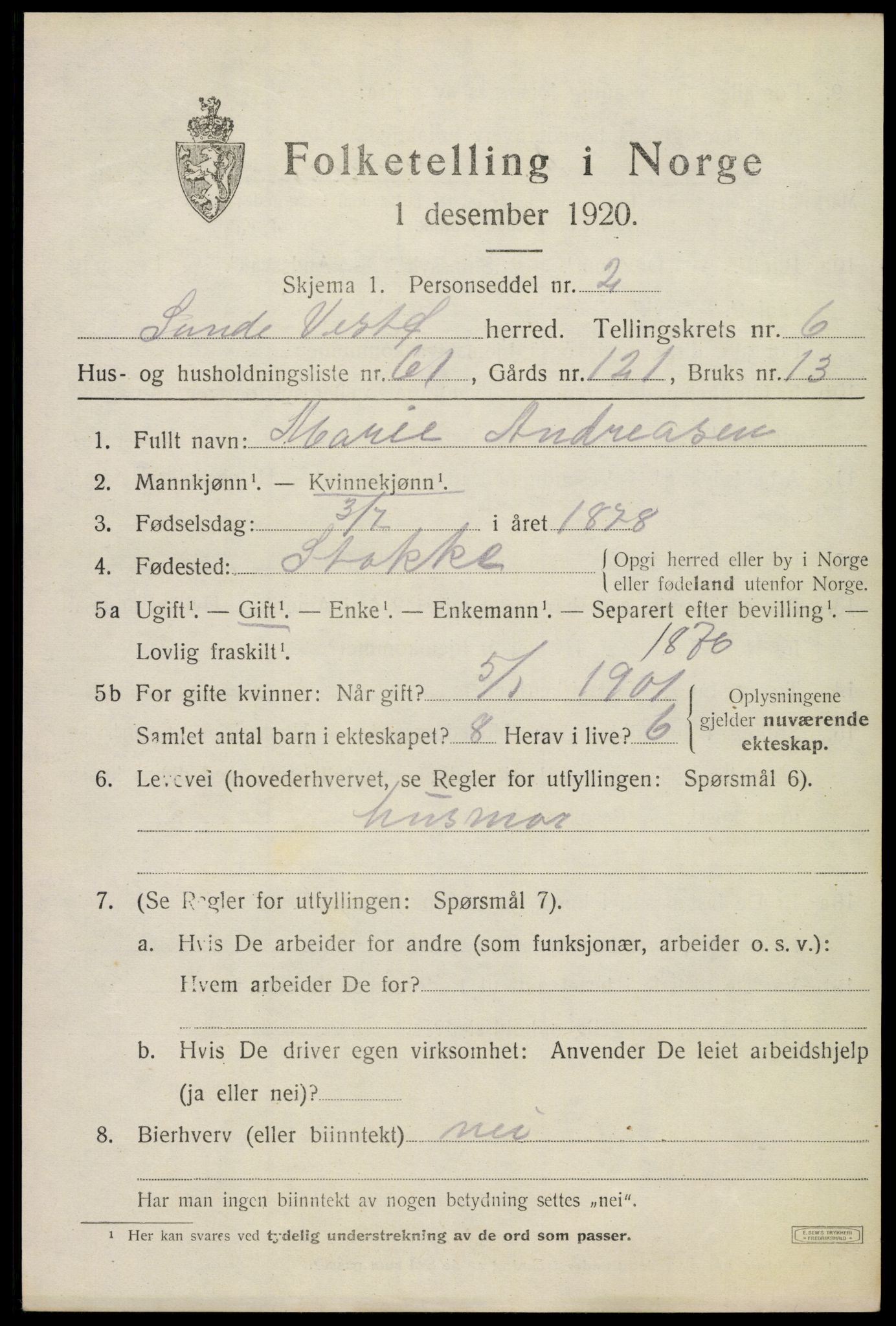 SAKO, Folketelling 1920 for 0713 Sande herred, 1920, s. 7902