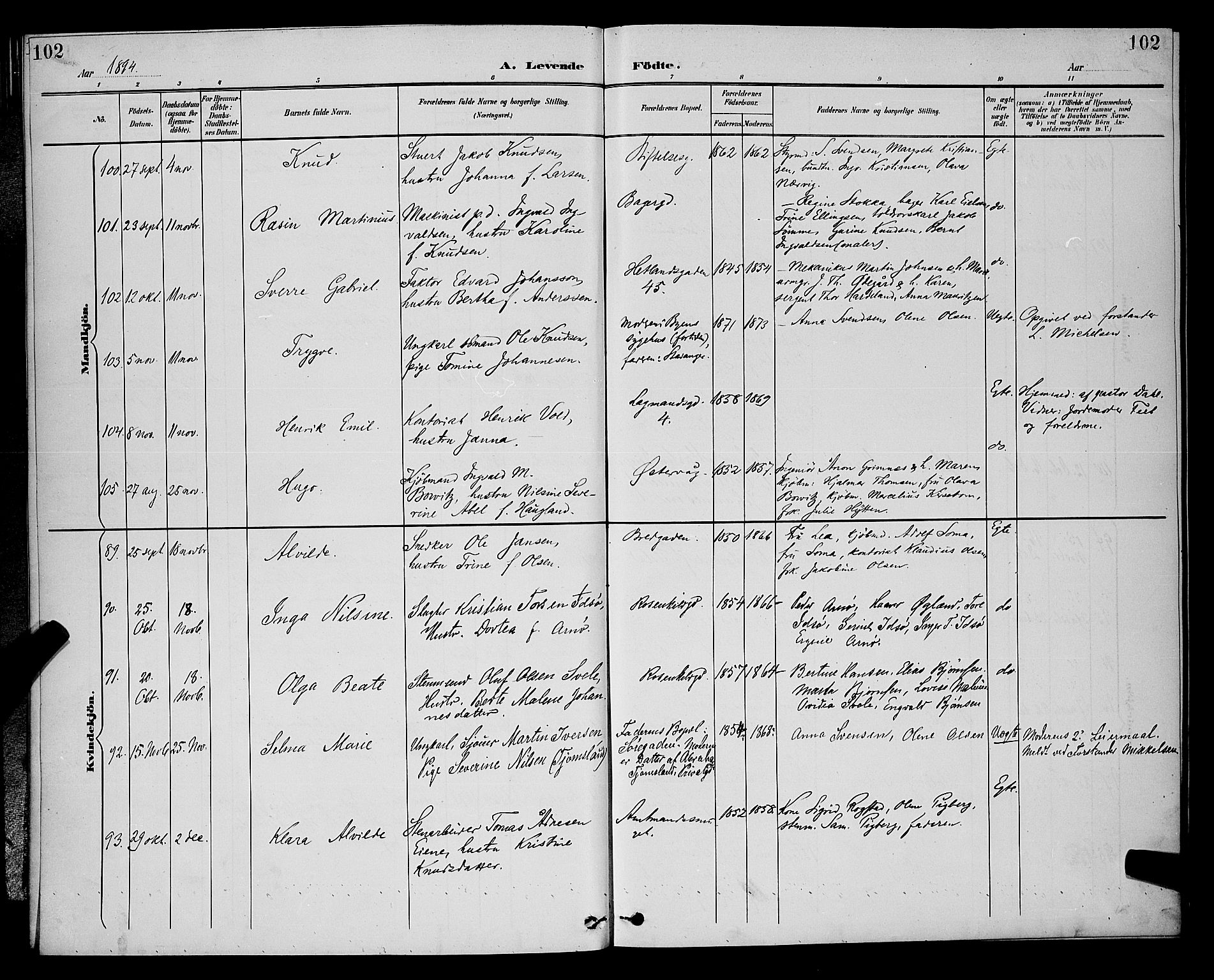 St. Petri sokneprestkontor, AV/SAST-A-101813/001/30/30BB/L0006: Klokkerbok nr. B 6, 1890-1897, s. 102