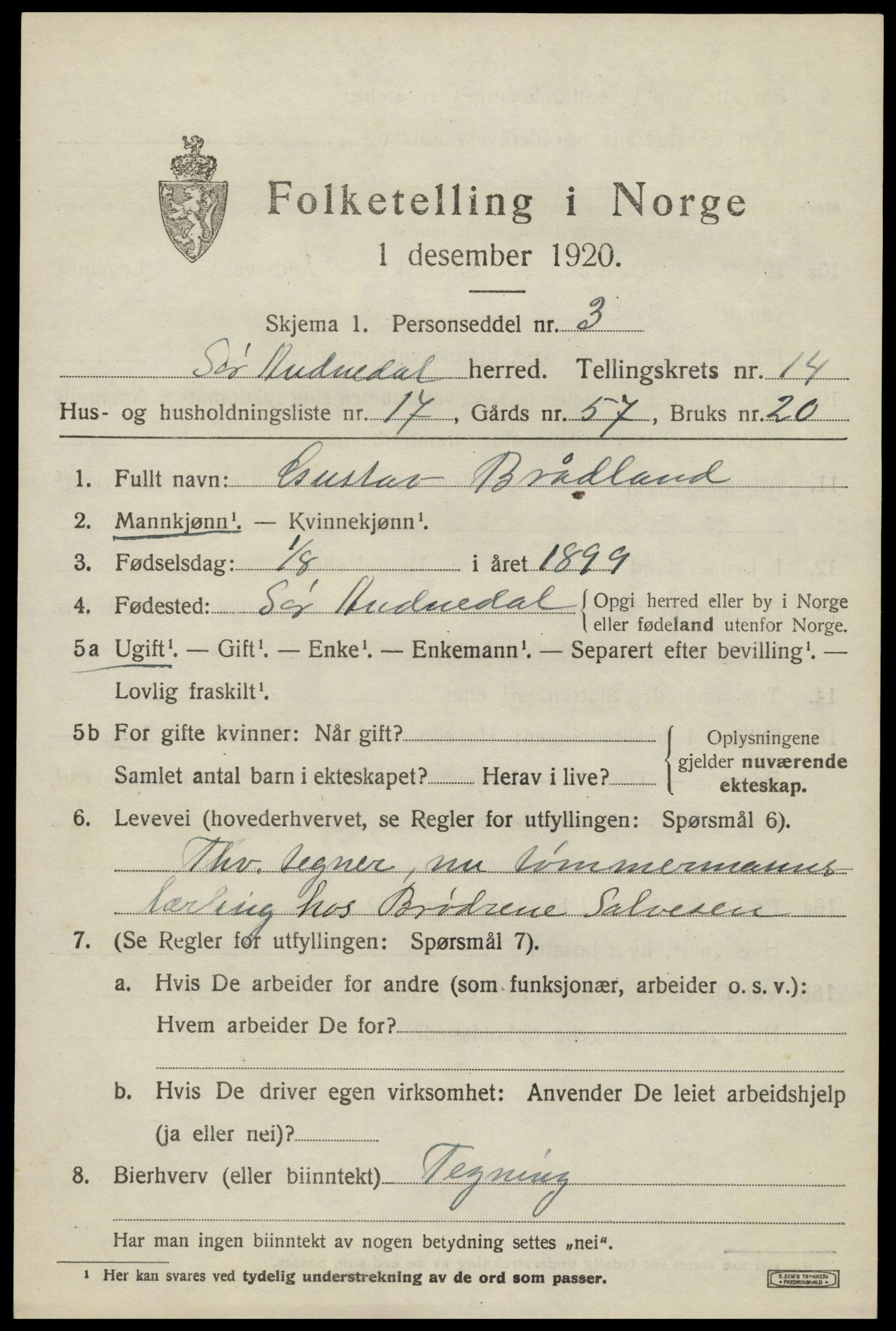 SAK, Folketelling 1920 for 1029 Sør-Audnedal herred, 1920, s. 5319