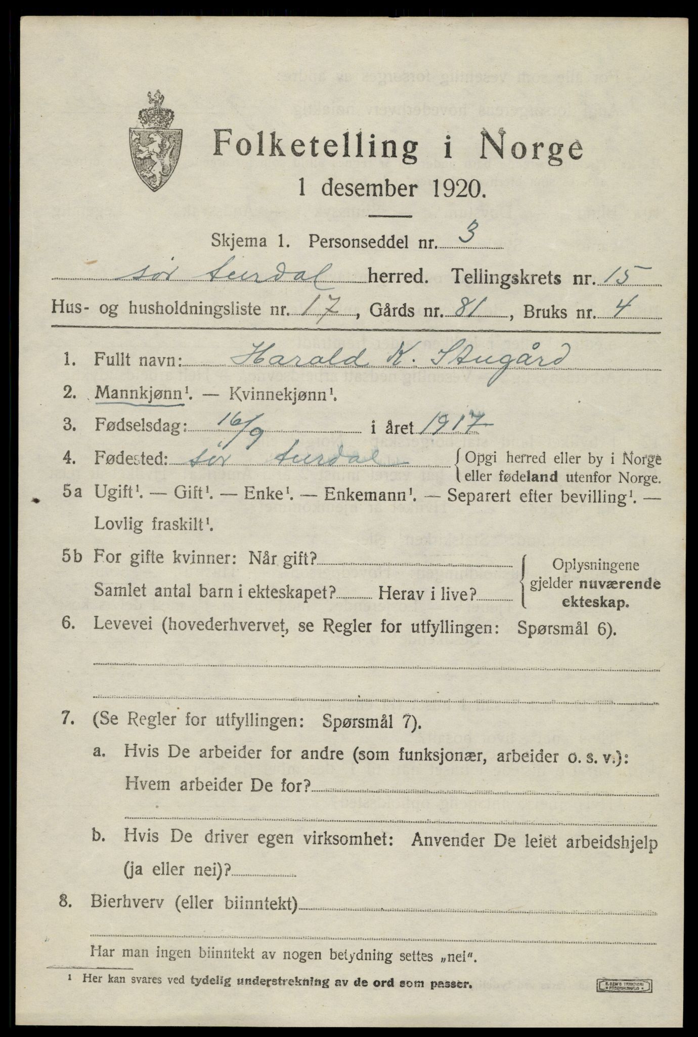 SAH, Folketelling 1920 for 0540 Sør-Aurdal herred, 1920, s. 8401