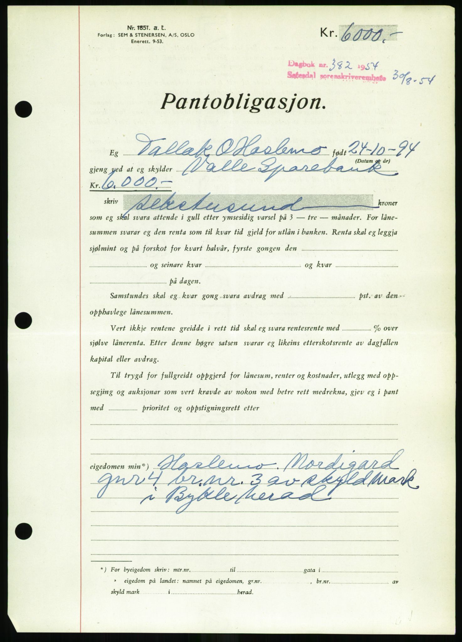 Setesdal sorenskriveri, SAK/1221-0011/G/Gb/L0052: Pantebok nr. B 40, 1954-1955, Dagboknr: 382/1954