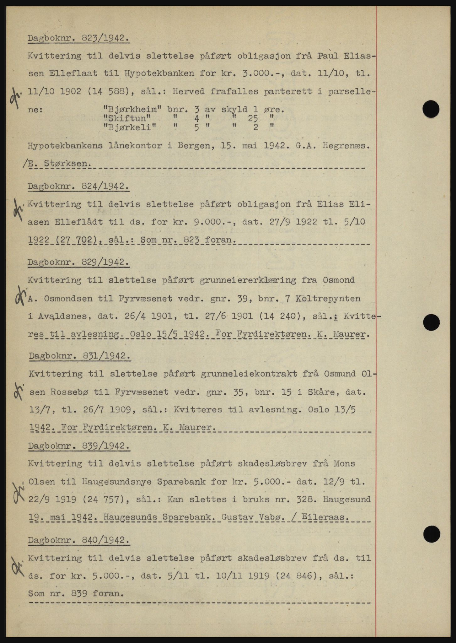 Karmsund sorenskriveri, SAST/A-100311/01/II/IIBBE/L0008: Pantebok nr. B 54, 1942-1943, Dagboknr: 823/1942