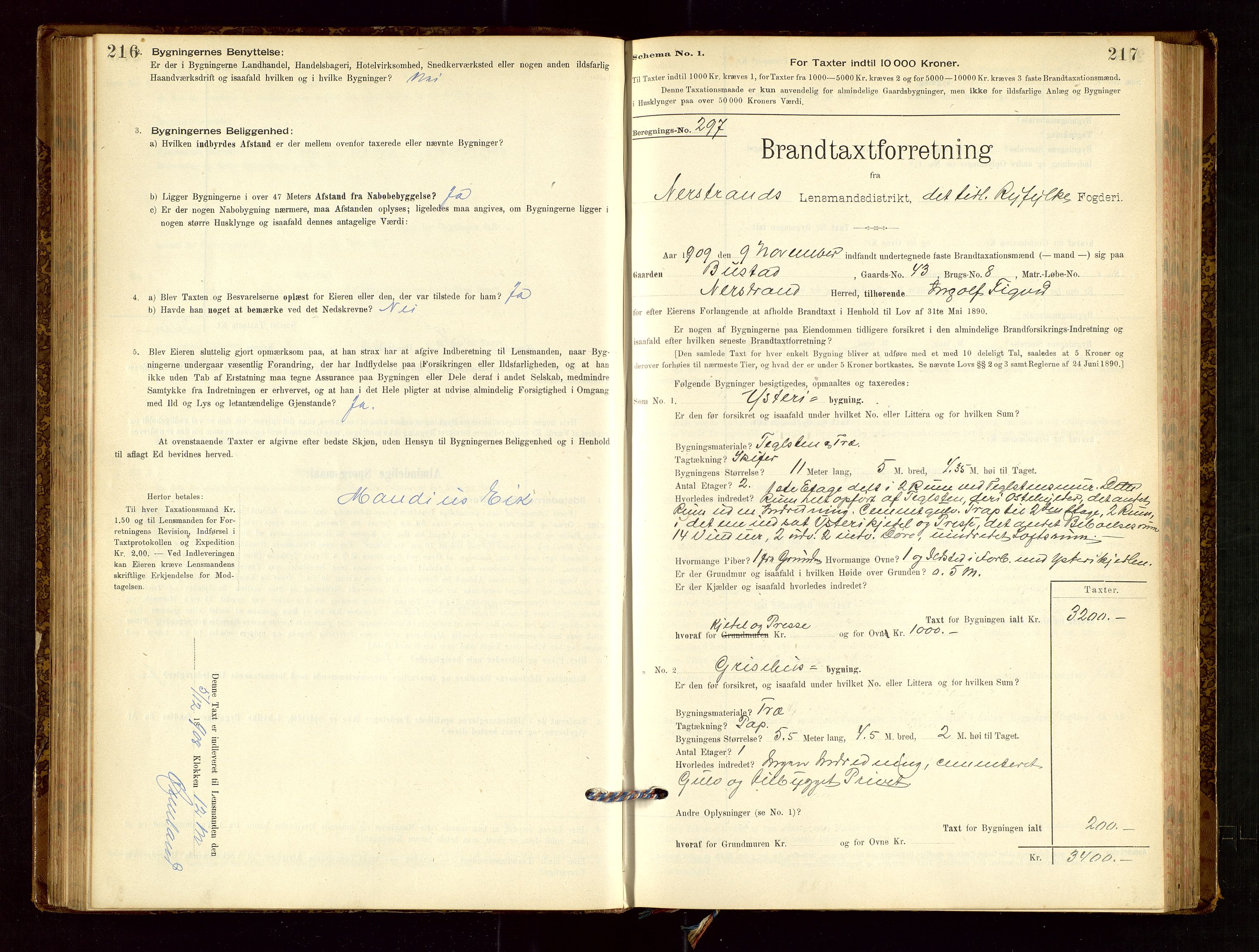 Nedstrand lensmannskontor, SAST/A-100236/Gob/L0001: "Brandtaxationsprotokol for Nerstrand Lensmandsdistrikt Ryfylke fogderi", 1895-1915, s. 216-217