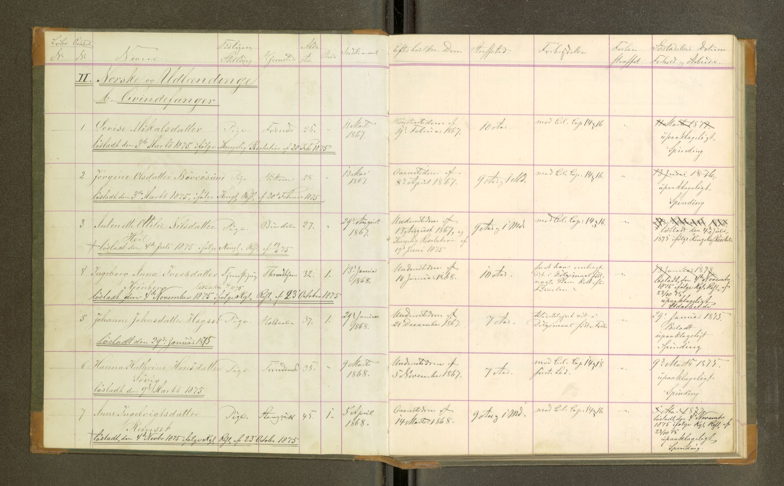 Trondheim tukthus, AV/SAT-A-4619/05/65/L0031: 65.31 Fangeprotokoll, 1875