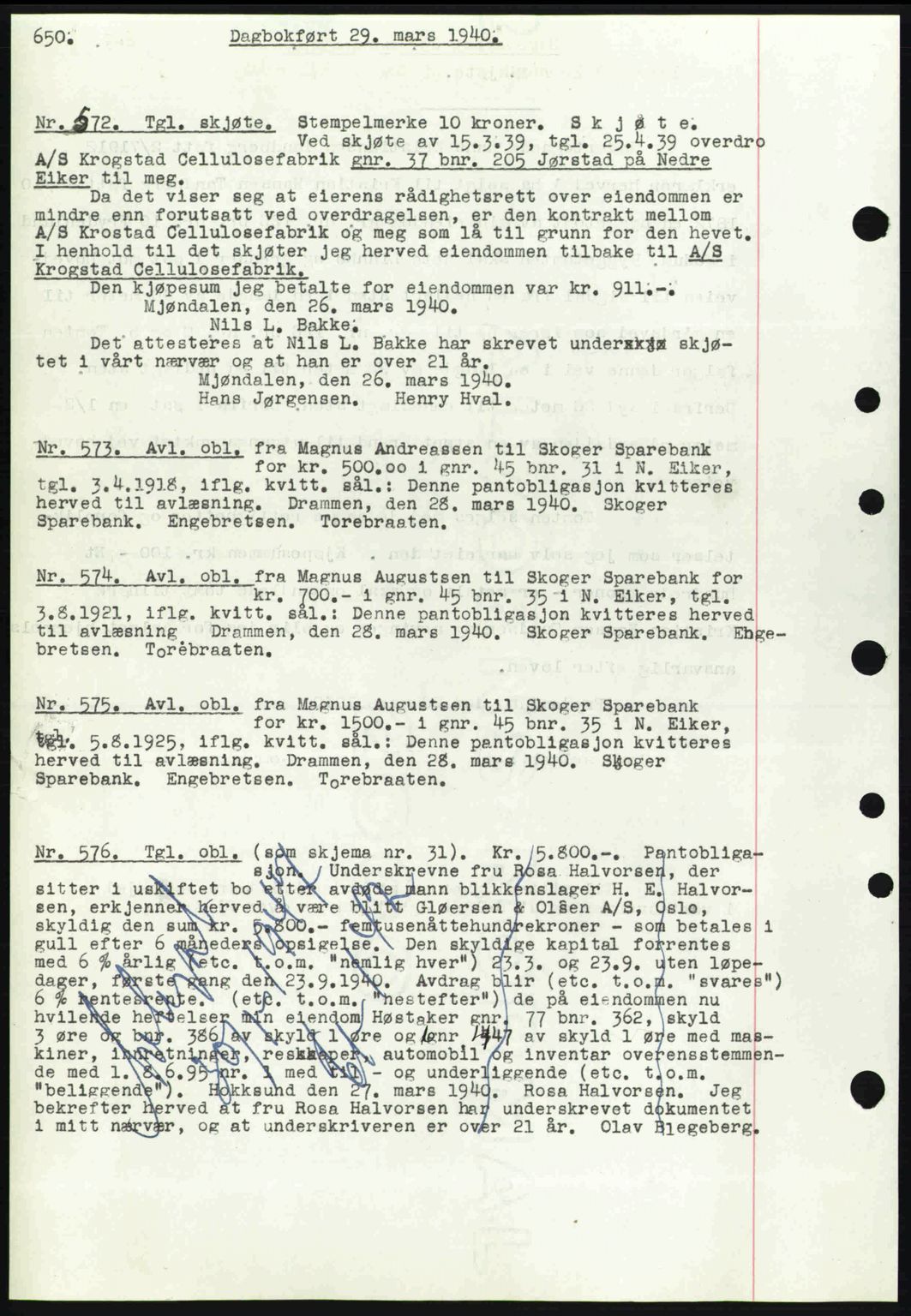 Eiker, Modum og Sigdal sorenskriveri, SAKO/A-123/G/Ga/Gab/L0041: Pantebok nr. A11, 1939-1940, Dagboknr: 572/1940