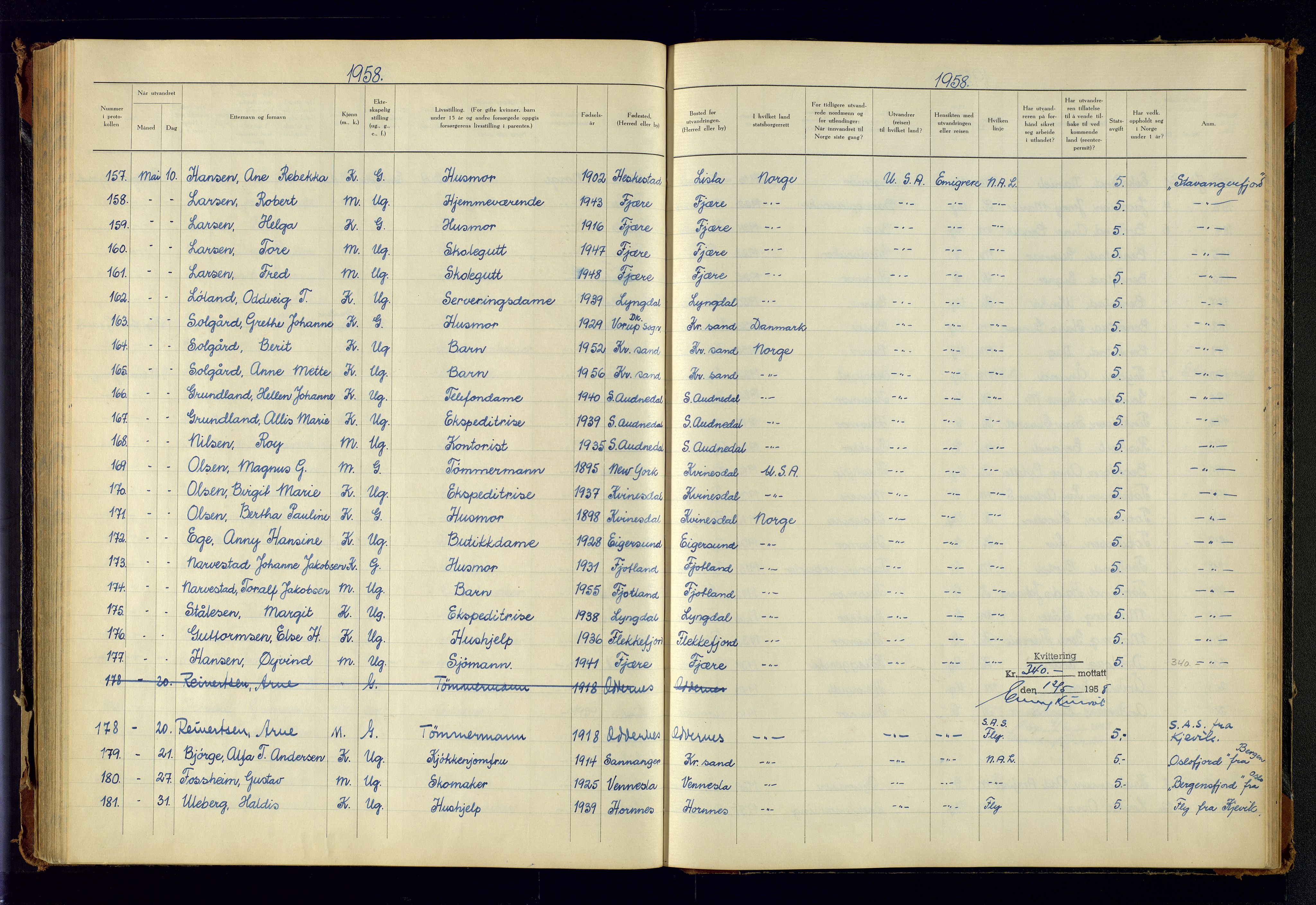 Kristiansand politikammer, AV/SAK-1243-0004/K/Kb/L0249: Emigrantprotokoll, 1951-1961, s. 142
