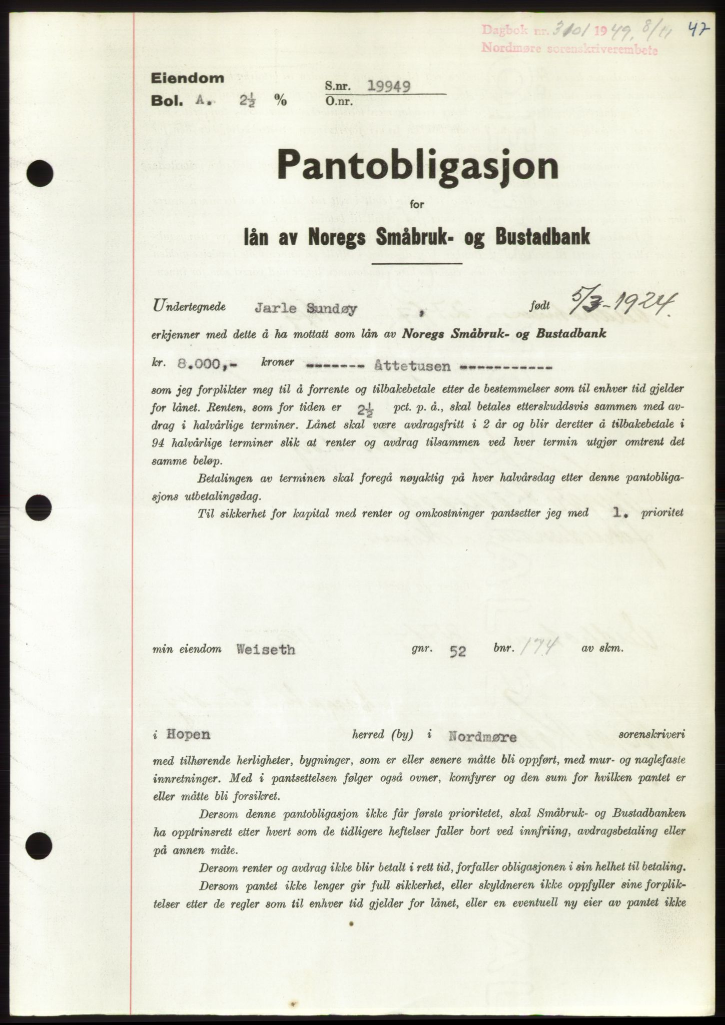 Nordmøre sorenskriveri, SAT/A-4132/1/2/2Ca: Pantebok nr. B103, 1949-1950, Dagboknr: 3101/1949