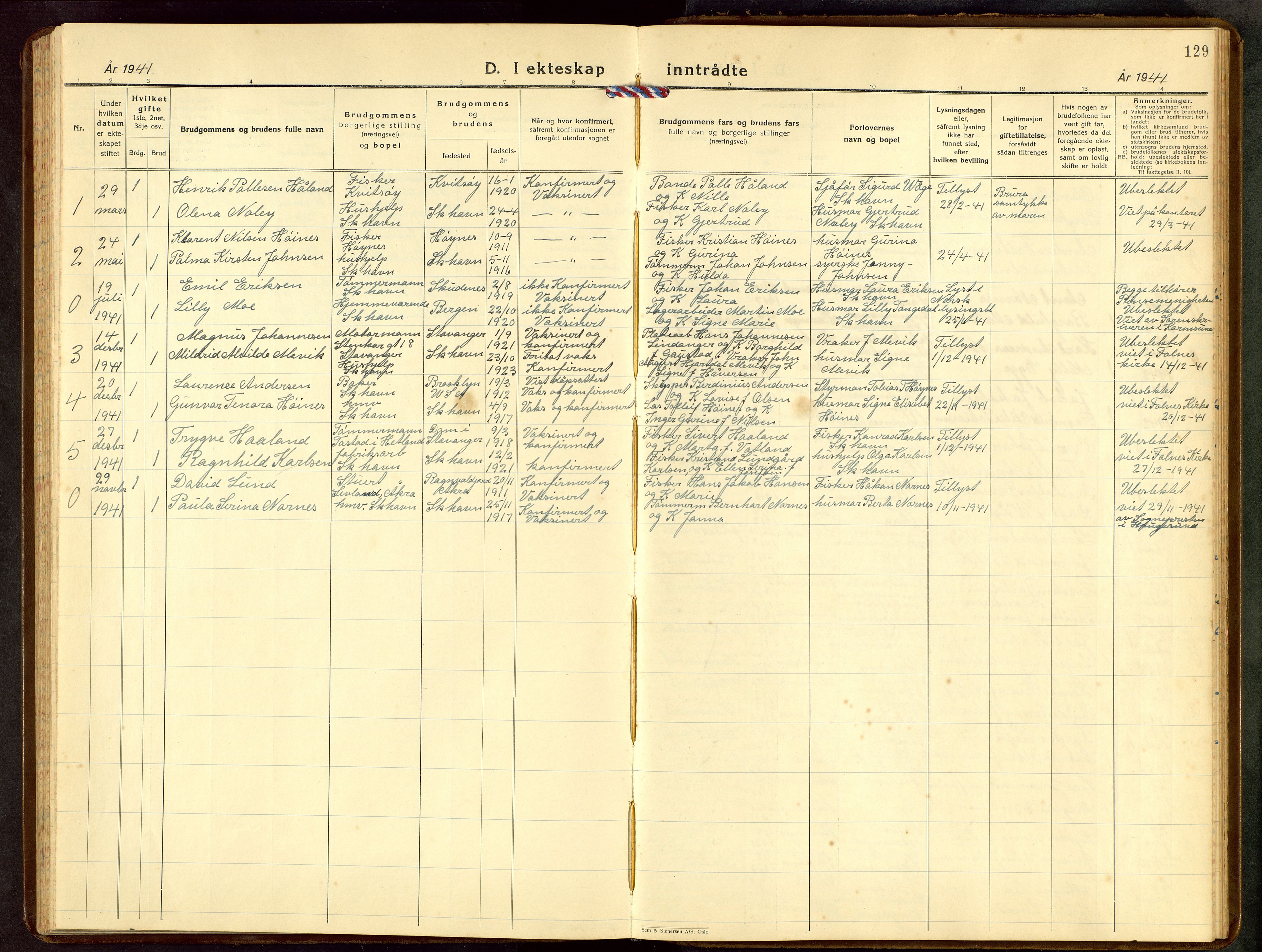 Skudenes sokneprestkontor, AV/SAST-A -101849/H/Ha/Hab/L0014: Klokkerbok nr. B 14, 1937-1956, s. 129