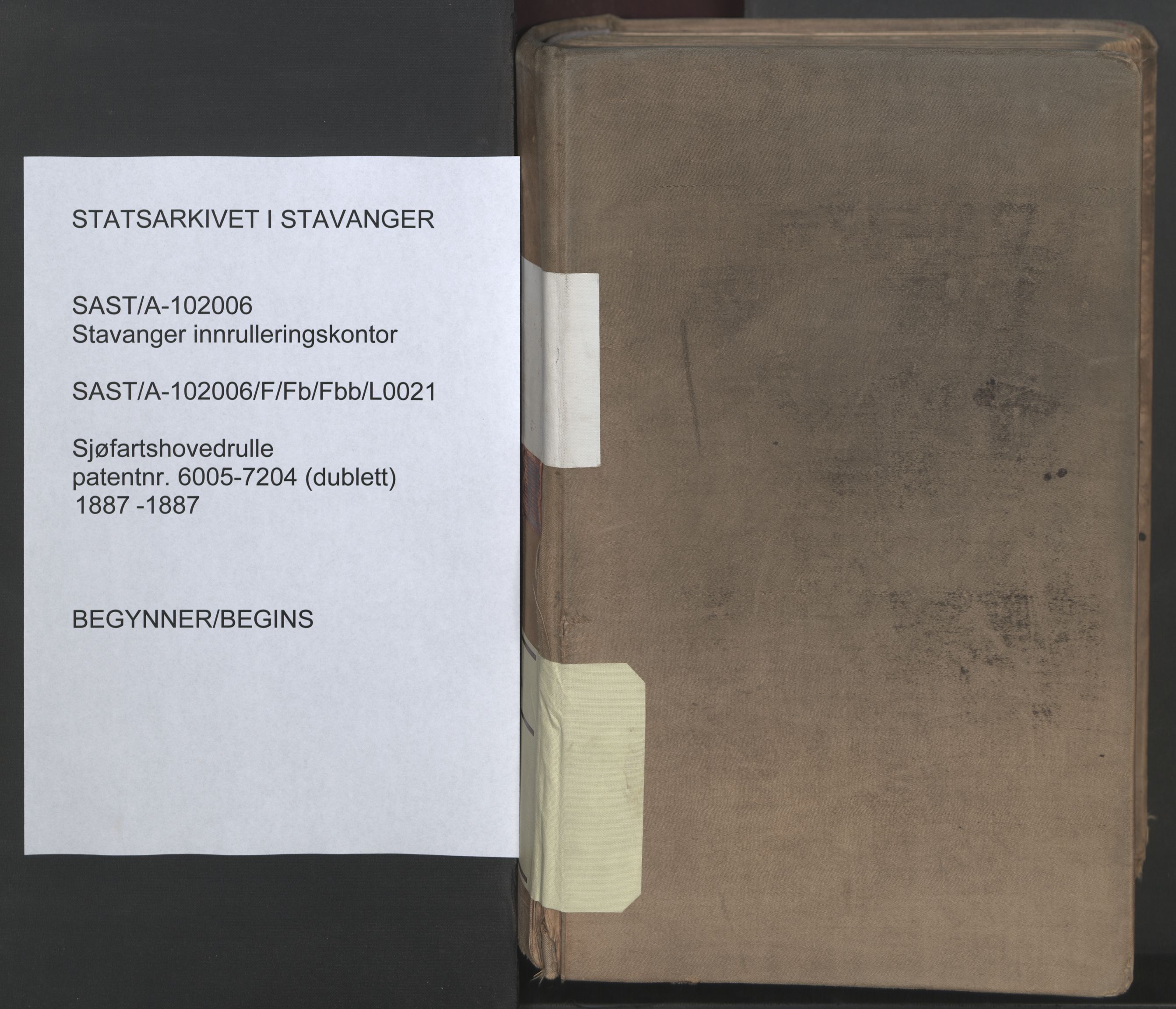 Stavanger sjømannskontor, SAST/A-102006/F/Fb/Fbb/L0021: Sjøfartshovedrulle patnentnr. 6005-7204 (dublett), 1887, s. 1