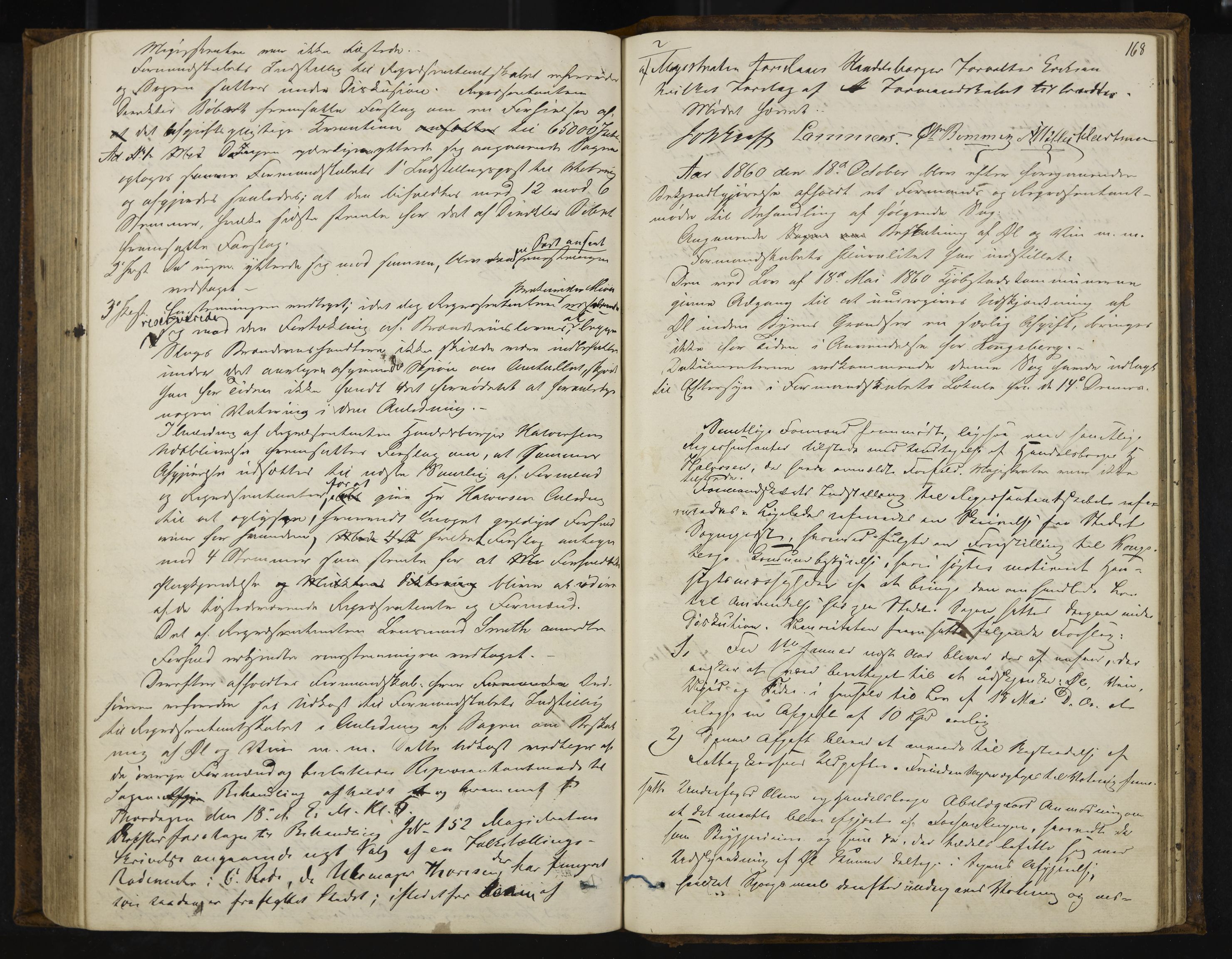 Kongsberg formannskap og sentraladministrasjon, IKAK/0604021-1/A/L0003: Møtebok med register, 1856-1861, s. 168