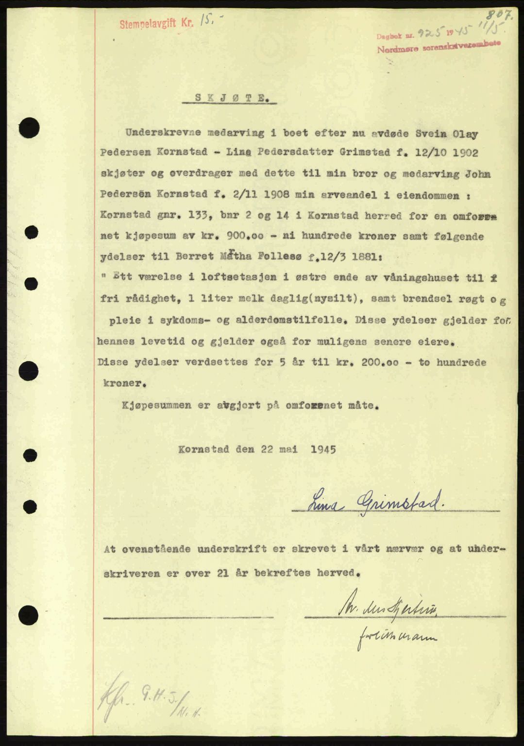 Nordmøre sorenskriveri, SAT/A-4132/1/2/2Ca: Pantebok nr. A99, 1945-1945, Dagboknr: 925/1945