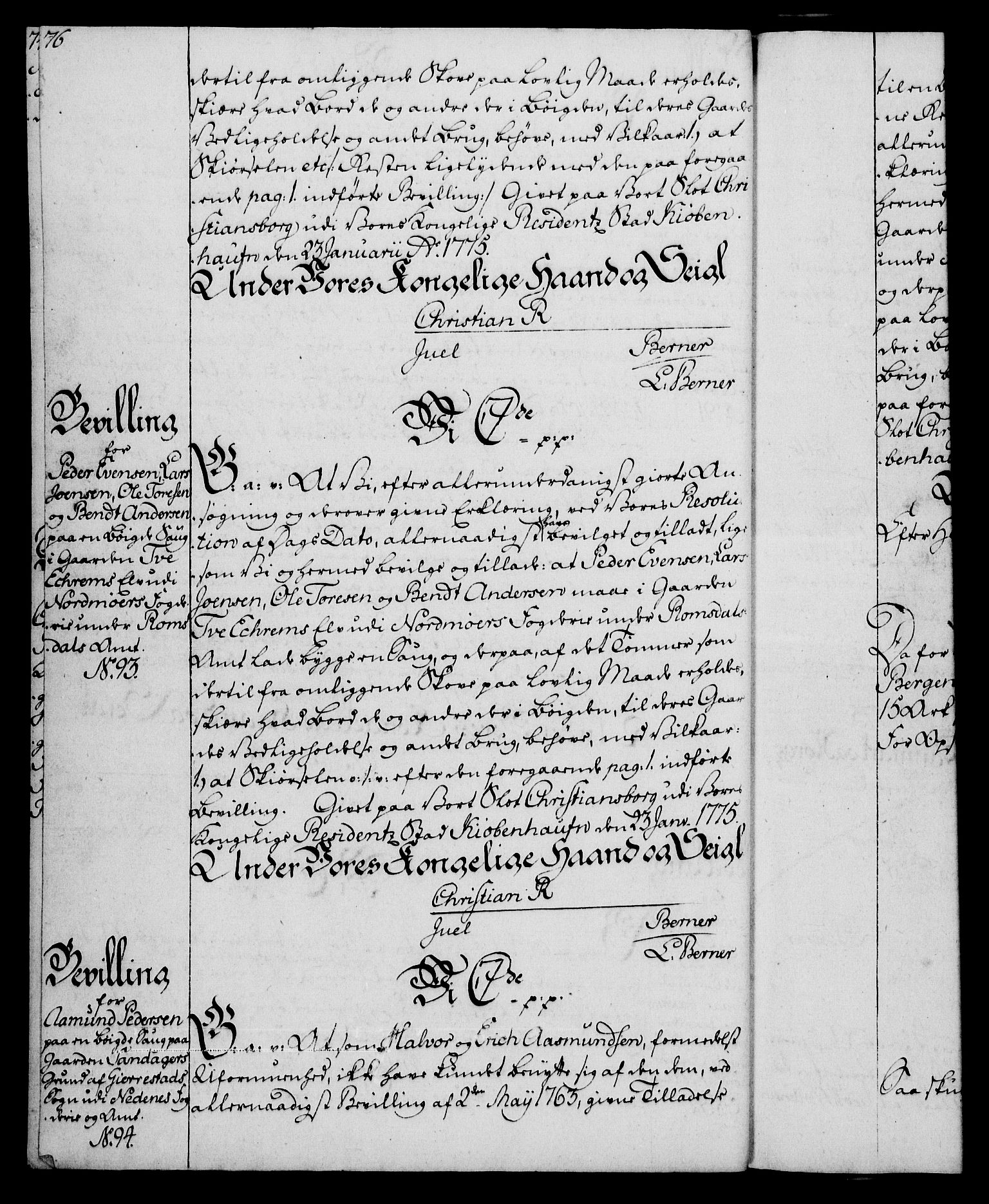 Rentekammeret, Kammerkanselliet, RA/EA-3111/G/Gg/Gga/L0010: Norsk ekspedisjonsprotokoll med register (merket RK 53.10), 1773-1778, s. 76
