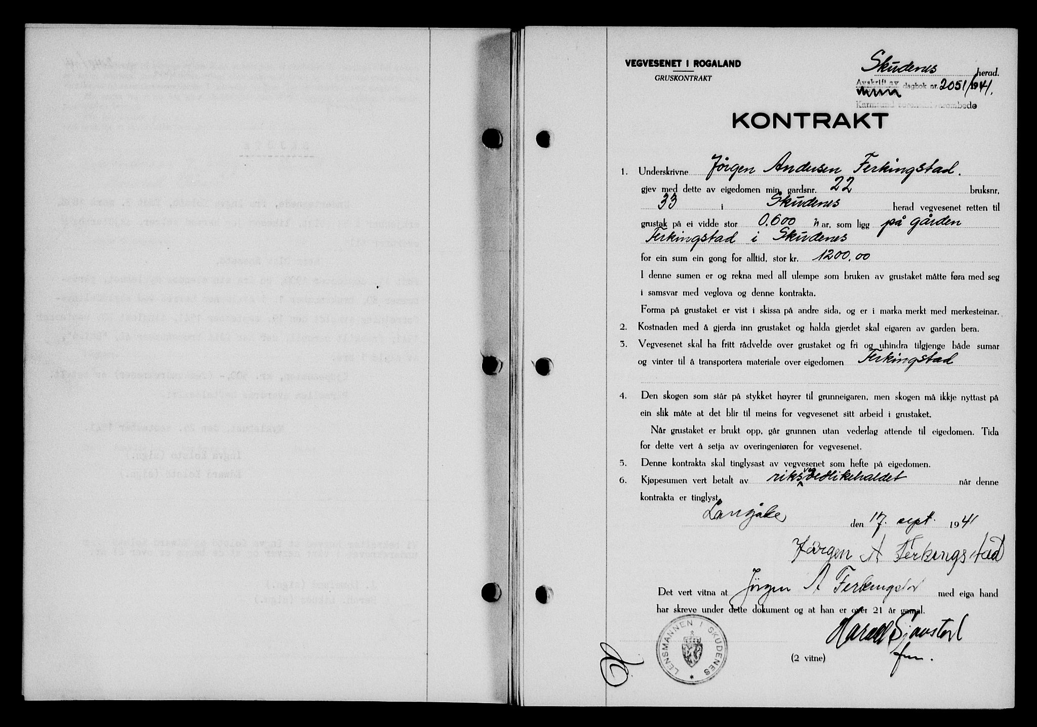 Karmsund sorenskriveri, SAST/A-100311/01/II/IIB/L0076: Pantebok nr. 57A, 1941-1941, Dagboknr: 2051/1941