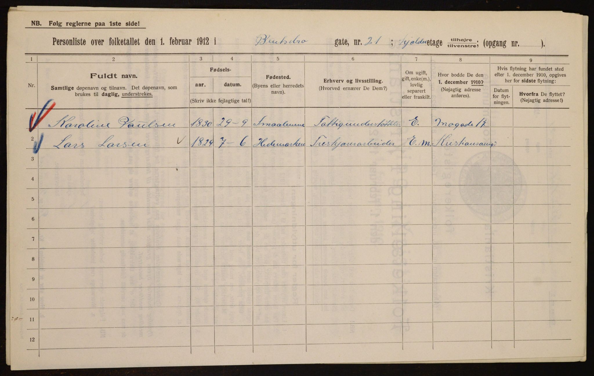 OBA, Kommunal folketelling 1.2.1912 for Kristiania, 1912, s. 3482