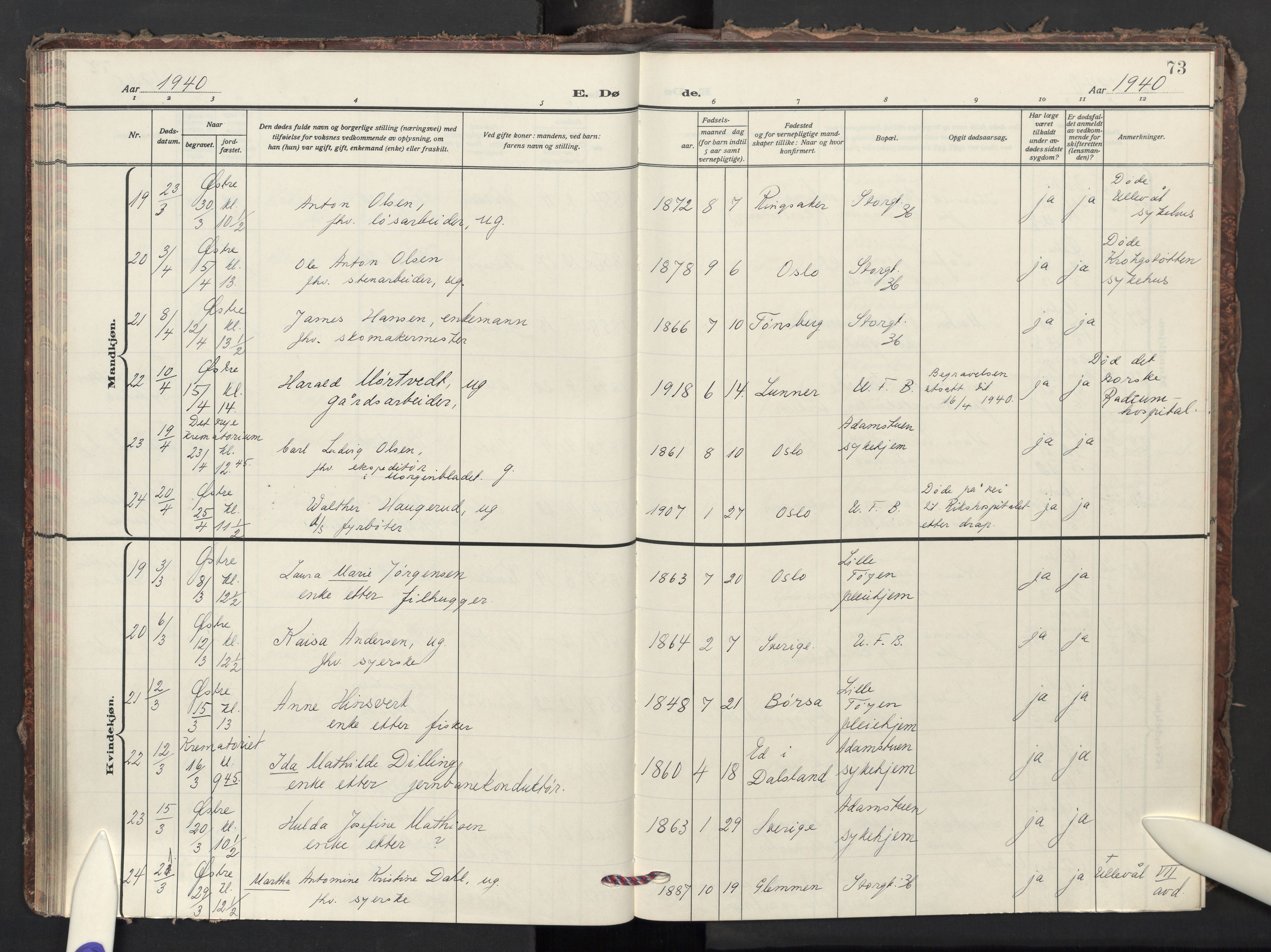 Krohgstøtten sykehusprest Kirkebøker, AV/SAO-A-10854/F/Fa/L0006: Ministerialbok nr. 6, 1935-1951, s. 73