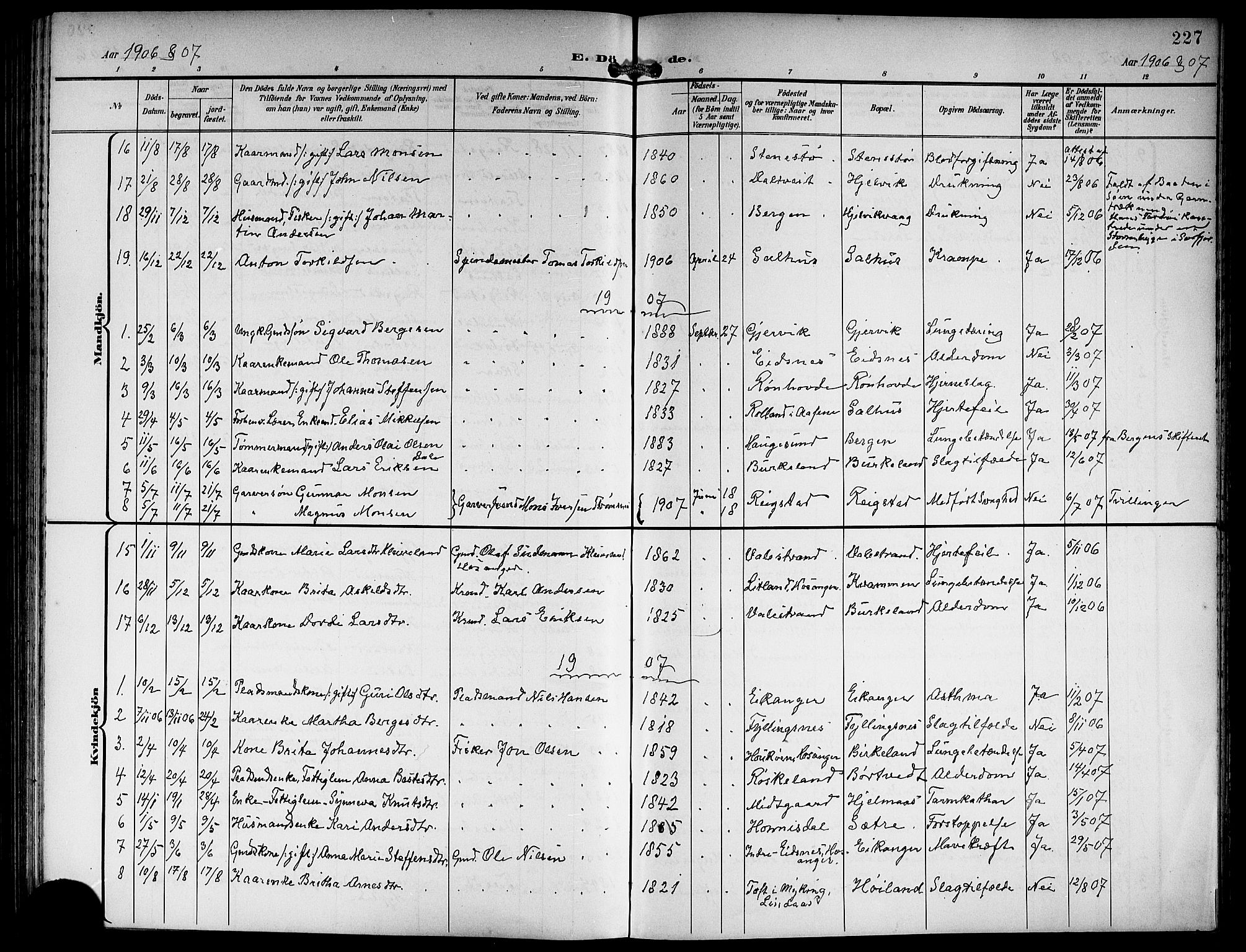 Hamre sokneprestembete, SAB/A-75501/H/Ha/Hab: Klokkerbok nr. B 4, 1898-1919, s. 227