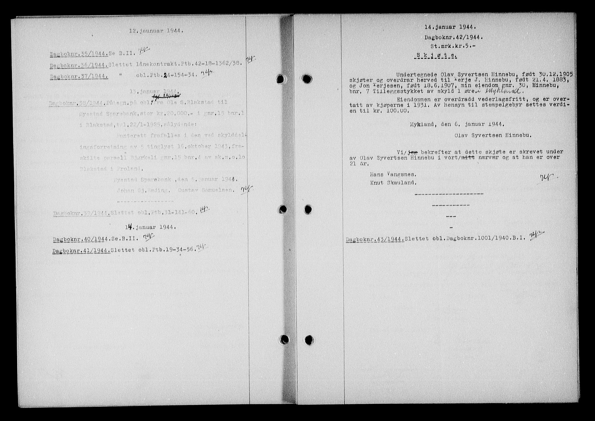 Nedenes sorenskriveri, SAK/1221-0006/G/Gb/Gba/L0051: Pantebok nr. A-V, 1943-1944, Dagboknr: 35/1944