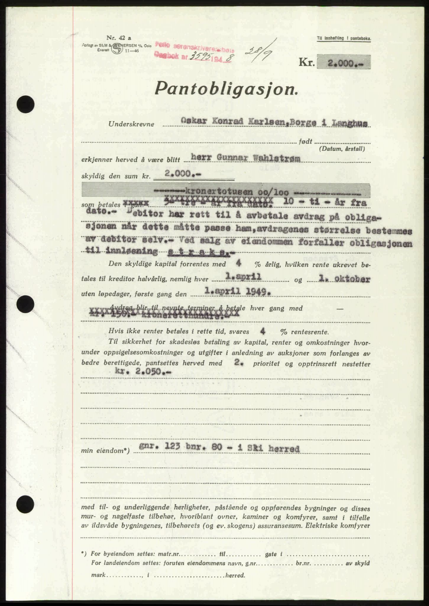 Follo sorenskriveri, SAO/A-10274/G/Ga/Gaa/L0085: Pantebok nr. I 85, 1948-1948, Dagboknr: 3595/1948