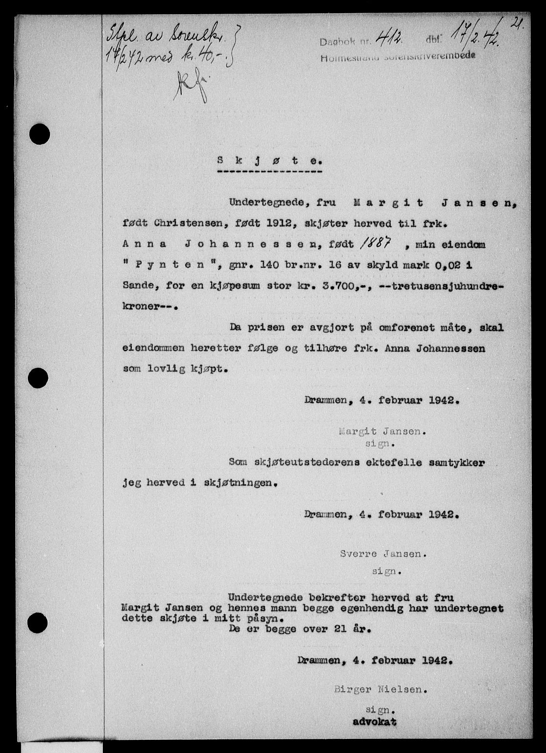 Holmestrand sorenskriveri, SAKO/A-67/G/Ga/Gaa/L0055: Pantebok nr. A-55, 1942-1942, Dagboknr: 412/1942
