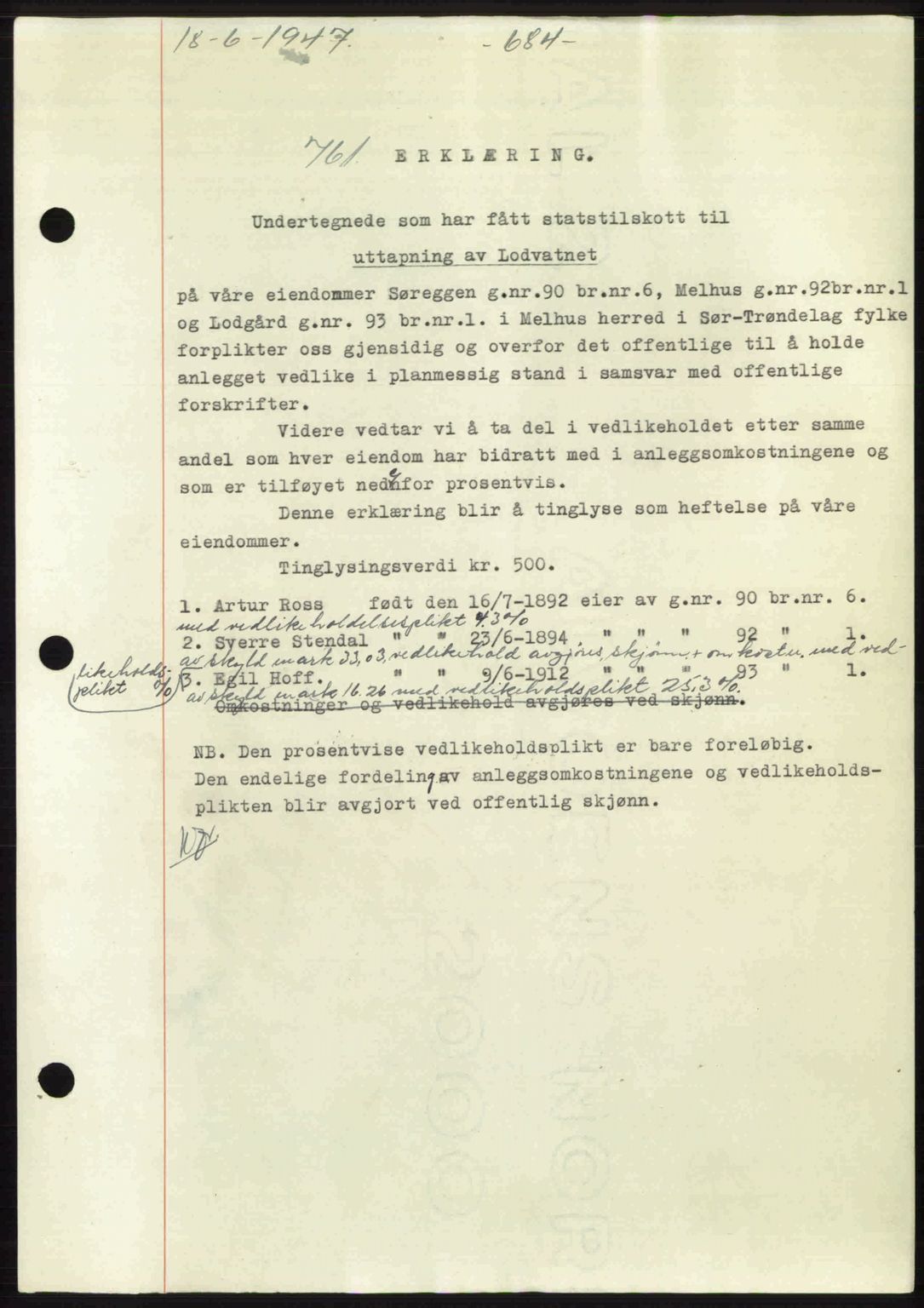 Gauldal sorenskriveri, SAT/A-0014/1/2/2C: Pantebok nr. A3, 1947-1947, Dagboknr: 761/1947