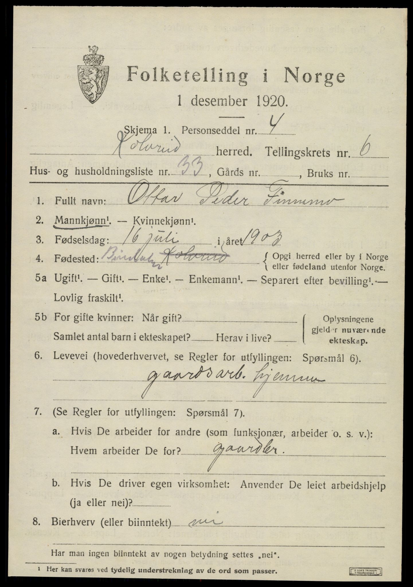 SAT, Folketelling 1920 for 1752 Kolvereid herred, 1920, s. 3931