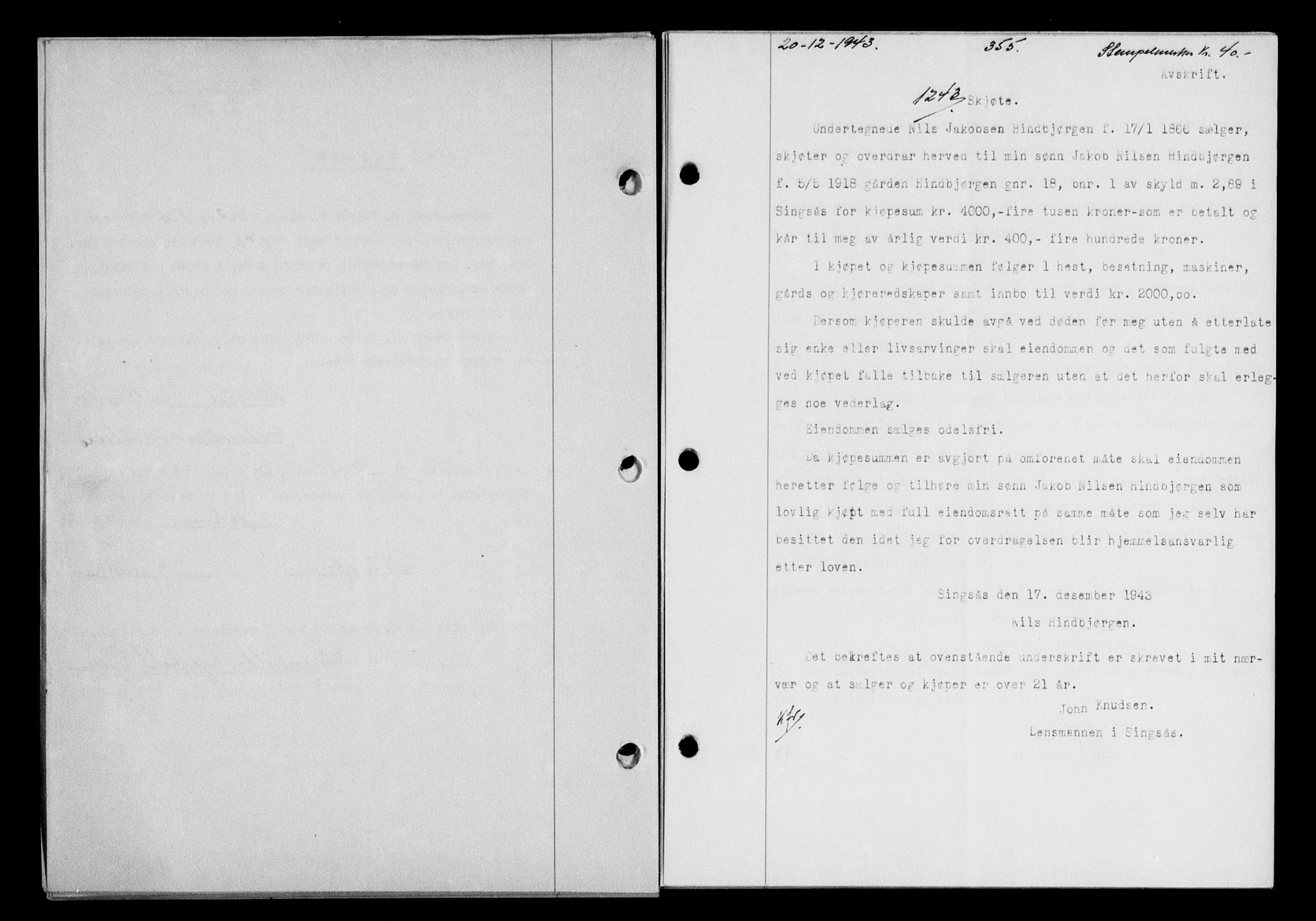 Gauldal sorenskriveri, SAT/A-0014/1/2/2C/L0057: Pantebok nr. 62, 1943-1944, Dagboknr: 1243/1943